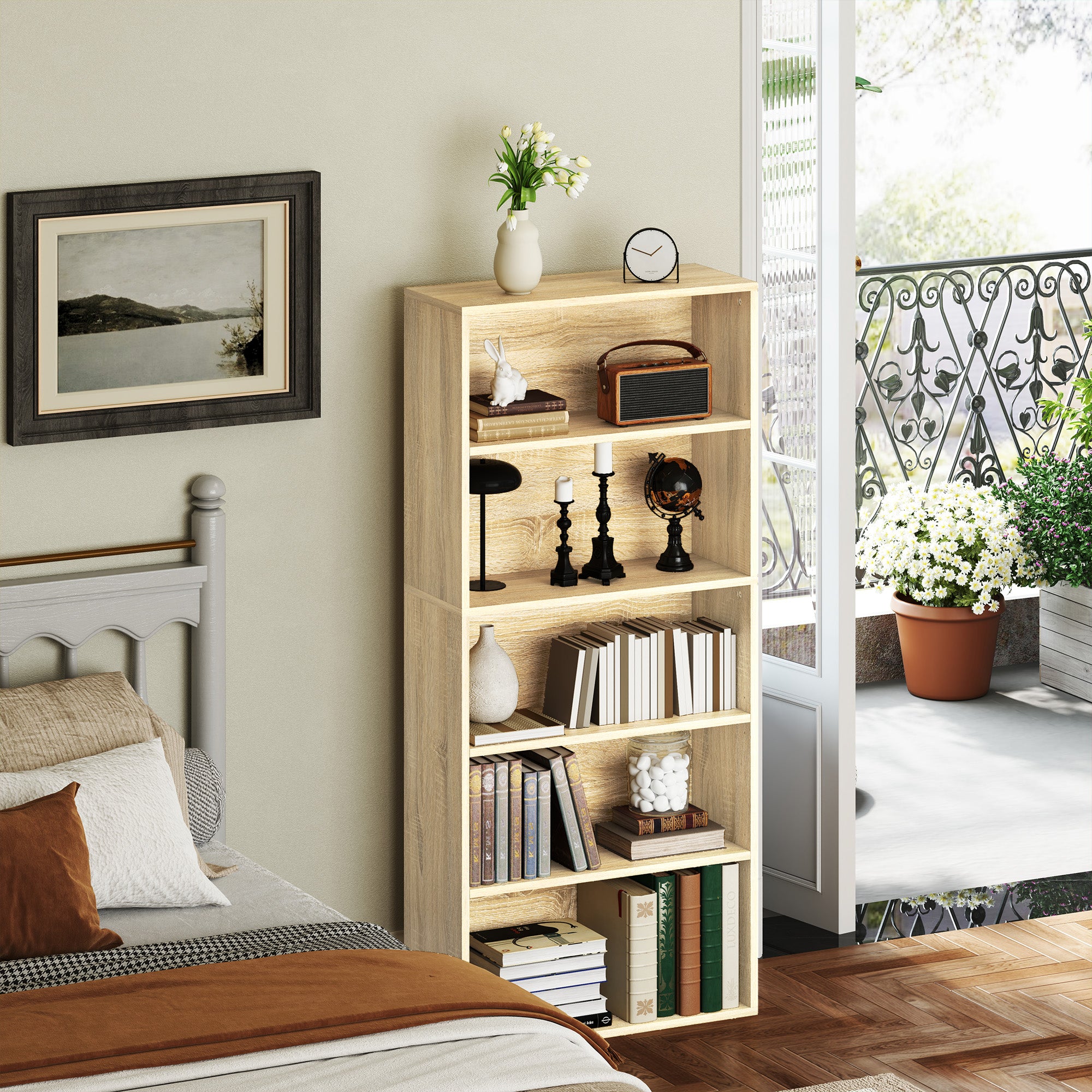 Bibliothèque, étagère de rangement 5 niveaux, meuble de rangement avec étagères réglables pour salon, chambre à coucher, bureau, 60 x 24 x 133,5 cm, bois naturel