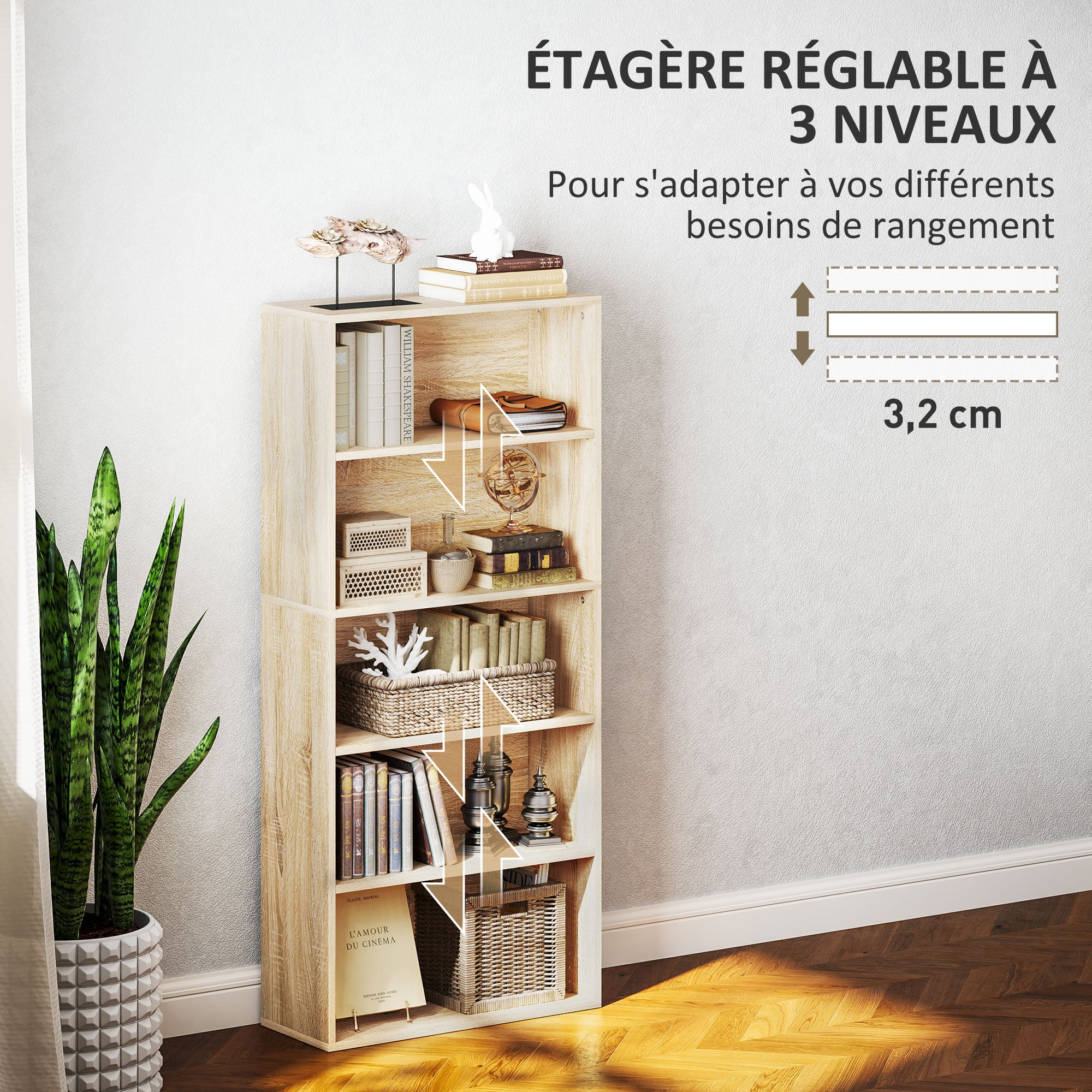 Bibliothèque, étagère de rangement 5 niveaux, meuble de rangement avec étagères réglables pour salon, chambre à coucher, bureau, 60 x 24 x 133,5 cm, bois naturel