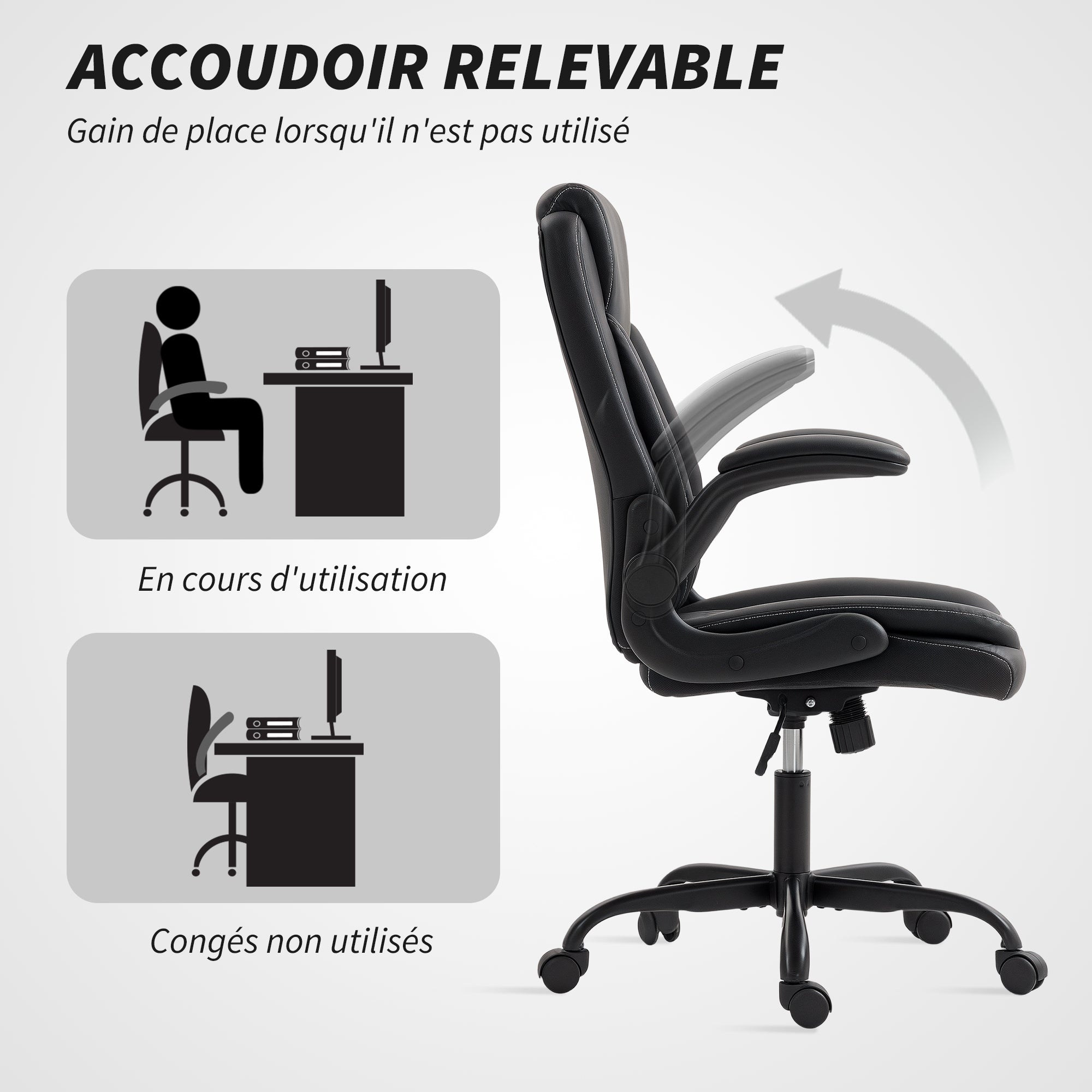 Fauteuil de bureau avec accoudoirs relevables, chaise bureau ergonomique avec hauteur réglable, fonction de bascule, large assise rembourrée, pivotant 360°, charge 120 Kg, noir