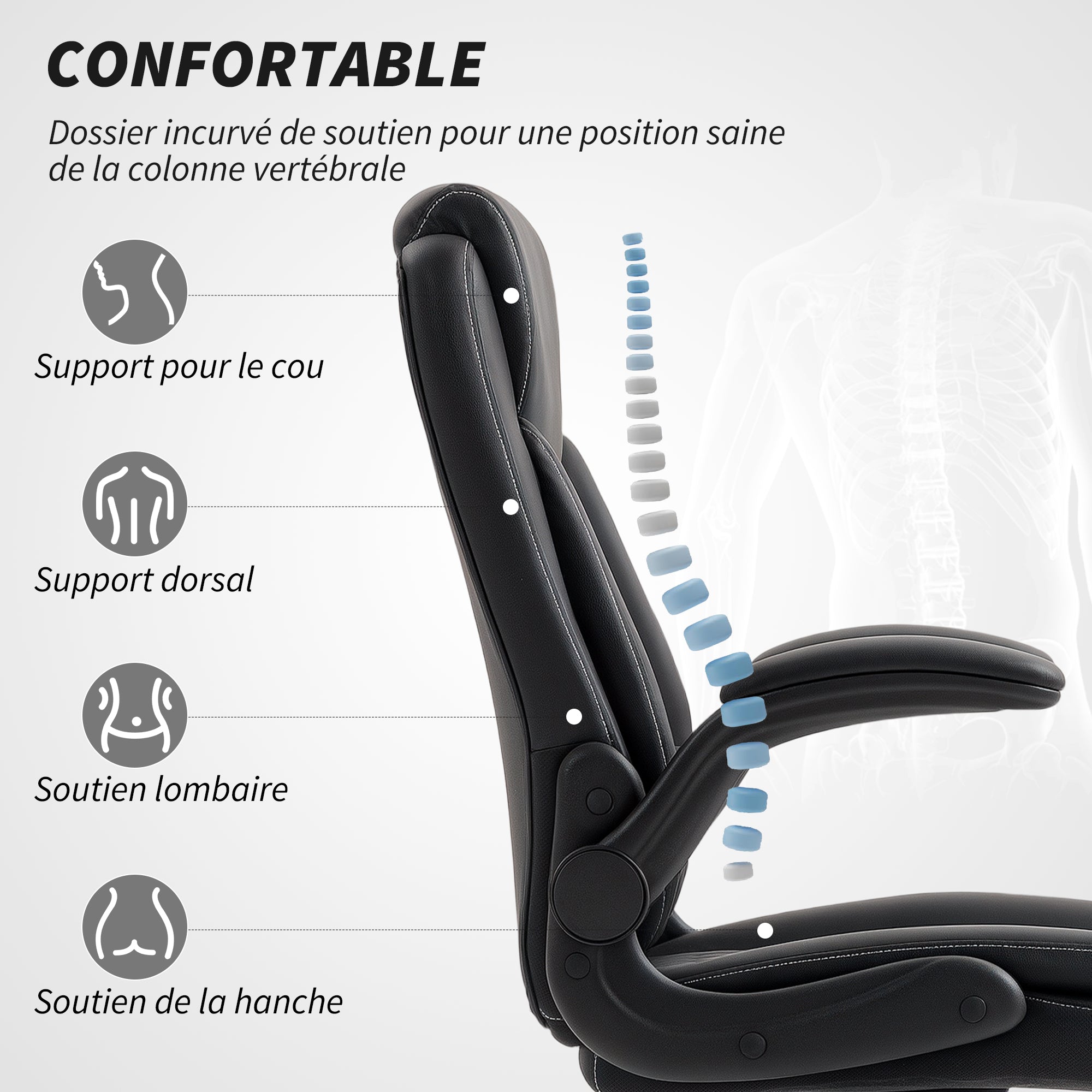 Fauteuil de bureau avec accoudoirs relevables, chaise bureau ergonomique avec hauteur réglable, fonction de bascule, large assise rembourrée, pivotant 360°, charge 120 Kg, noir