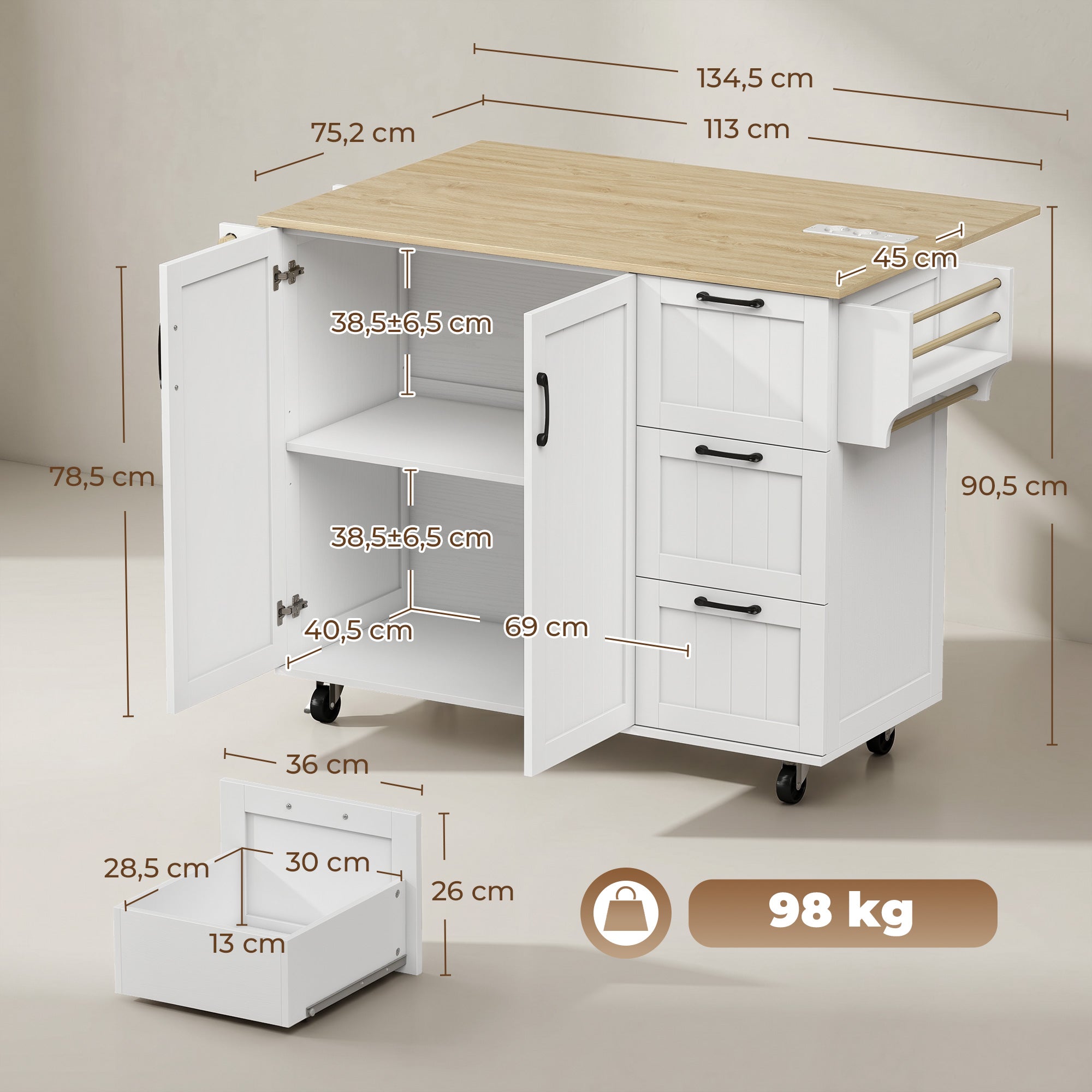 Îlot Central Cuisine avec Plateau Rabattable 2 Prises et 2 Ports USB Desserte de Cuisine sur Roulettes 3 Tiroirs 2 Portes Porte-Serviettes Porte-Épices Étagère Réglable 134,5x75,2x90,5cm Blanc