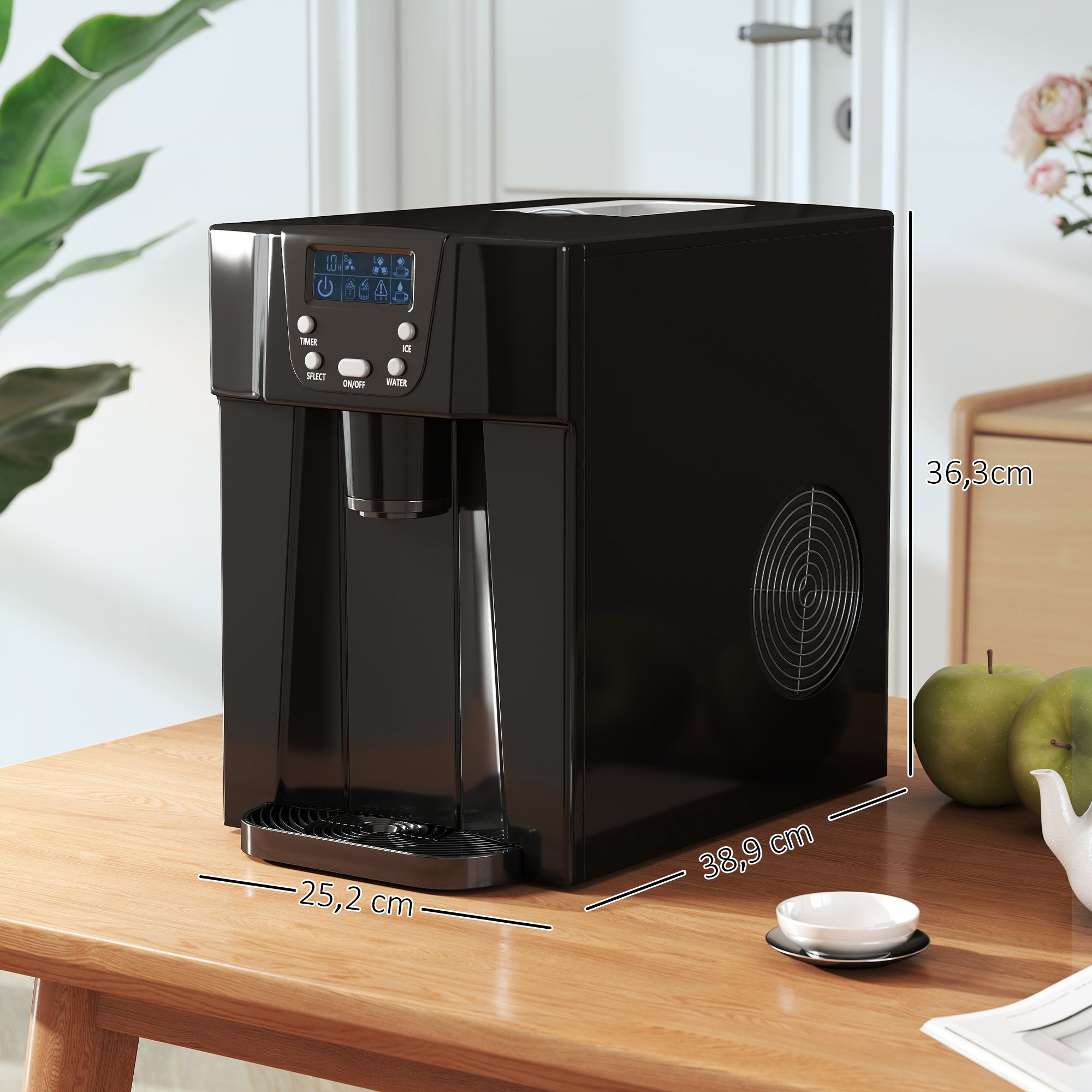 Machine à glaçons avec distributeur d'eau, 12kg en 24h, 9 glaçons en 6-10 minutes, ice maker portable, taille de glaçon réglable, minuterie, pour maison, cuisine, bureau, bar, noir