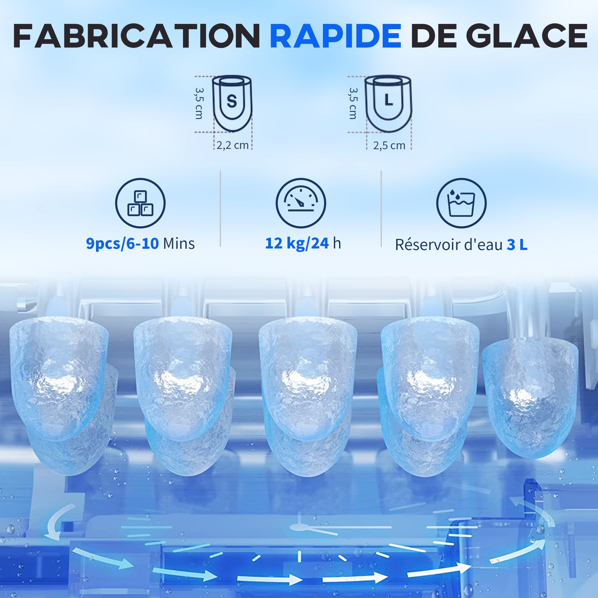 Machine à glaçons avec distributeur d'eau, 12kg en 24h, 9 glaçons en 6-10 minutes, ice maker portable, taille de glaçon réglable, minuterie, pour maison, cuisine, bureau, bar, noir