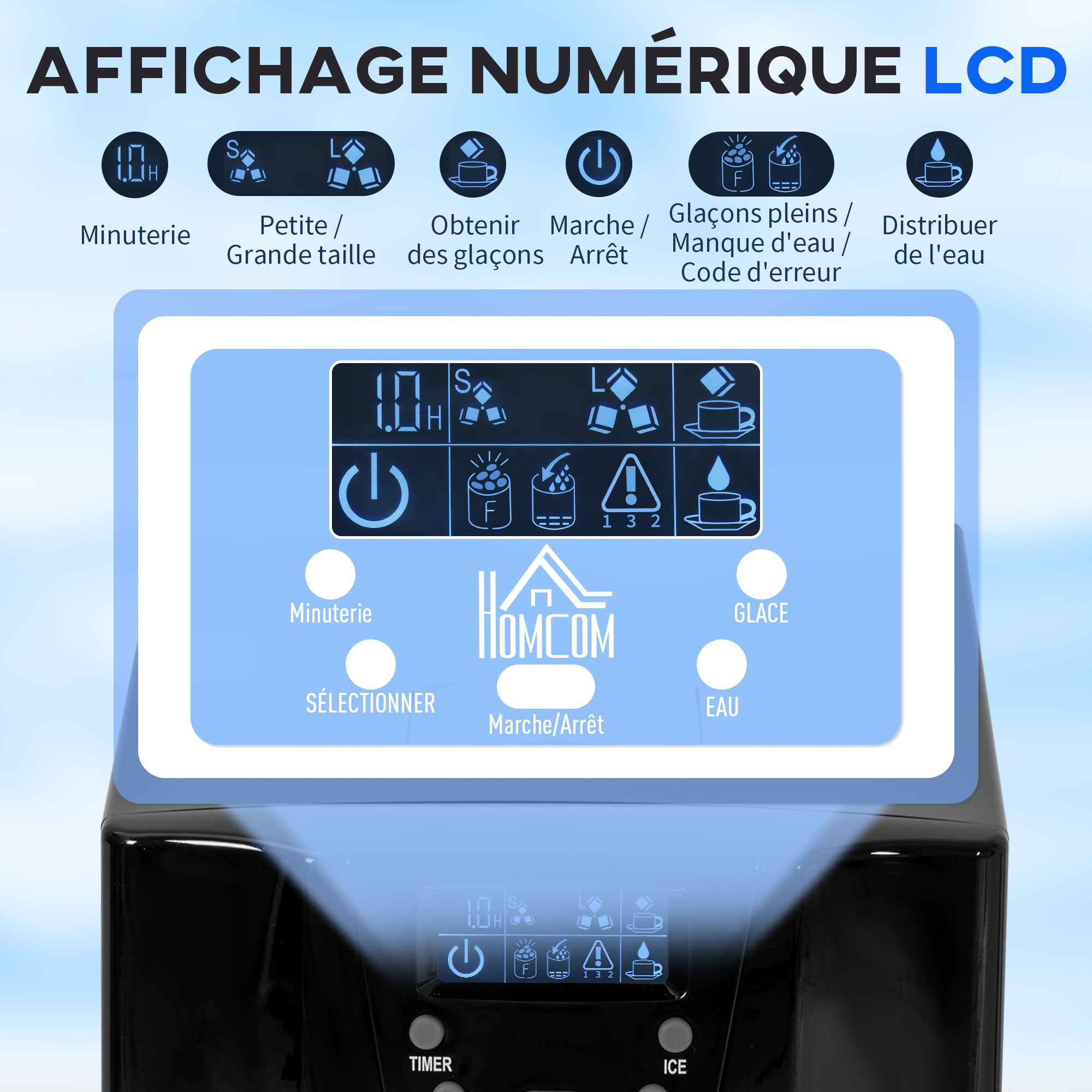 Machine à glaçons avec distributeur d'eau, 12kg en 24h, 9 glaçons en 6-10 minutes, ice maker portable, taille de glaçon réglable, minuterie, pour maison, cuisine, bureau, bar, noir