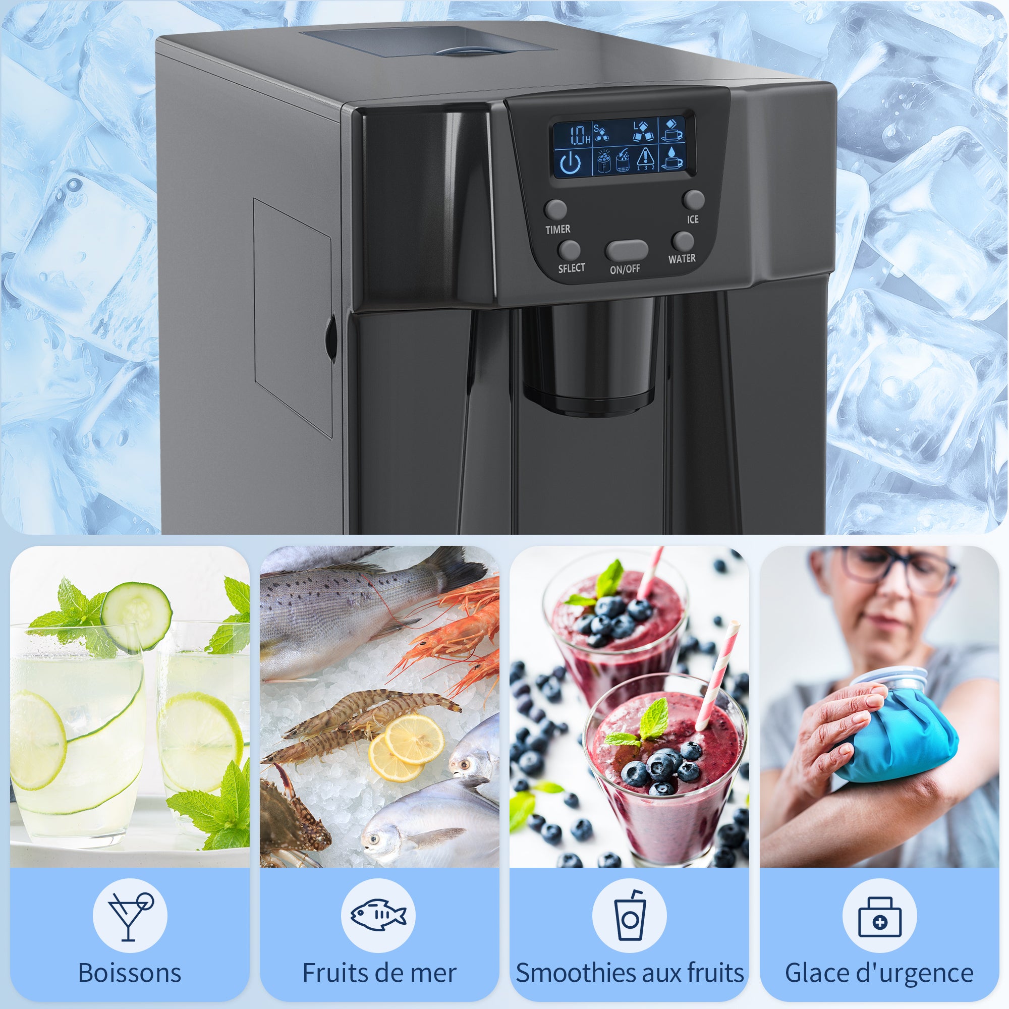 Machine à glaçons avec distributeur d'eau, 12kg en 24h, 9 glaçons en 6-10 minutes, ice maker portable, taille de glaçon réglable, minuterie, pour maison, cuisine, bureau, bar, noir