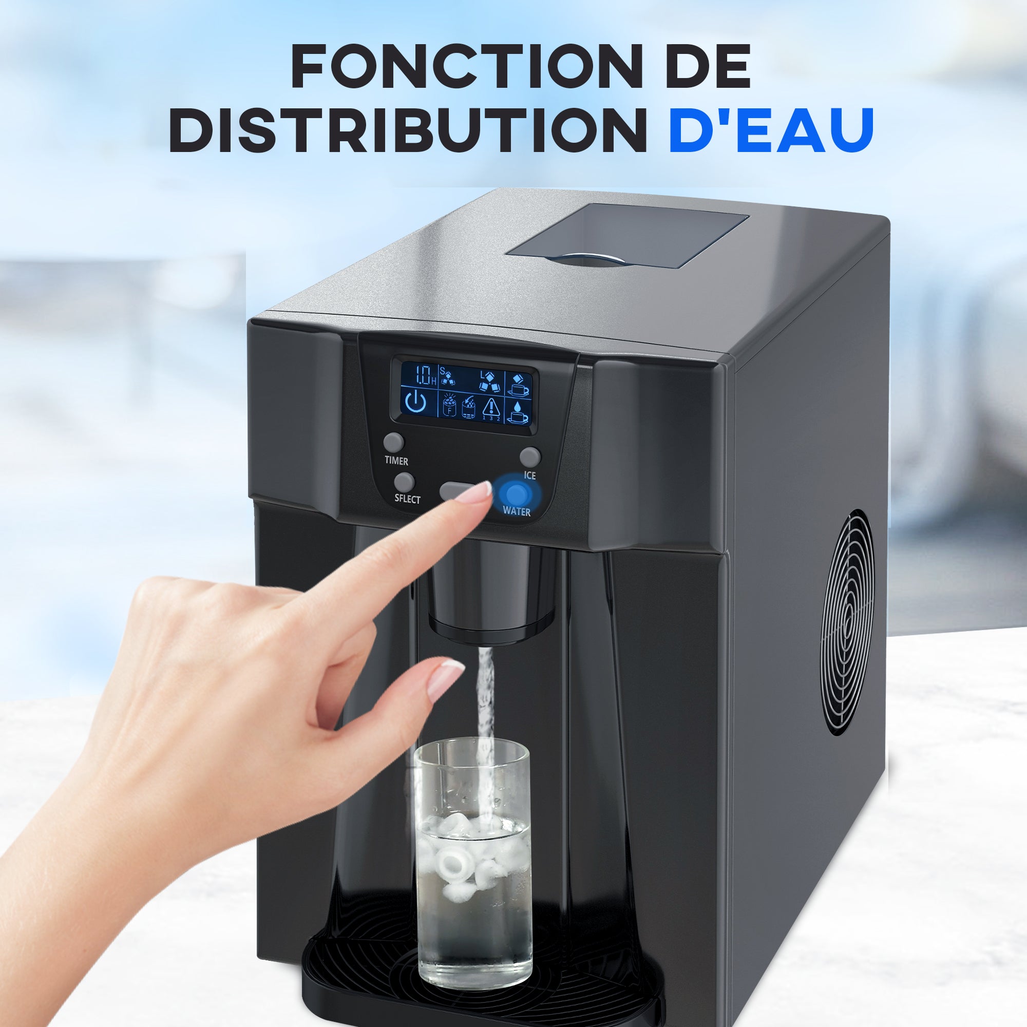 Machine à glaçons avec distributeur d'eau, 12kg en 24h, 9 glaçons en 6-10 minutes, ice maker portable, taille de glaçon réglable, minuterie, pour maison, cuisine, bureau, bar, noir