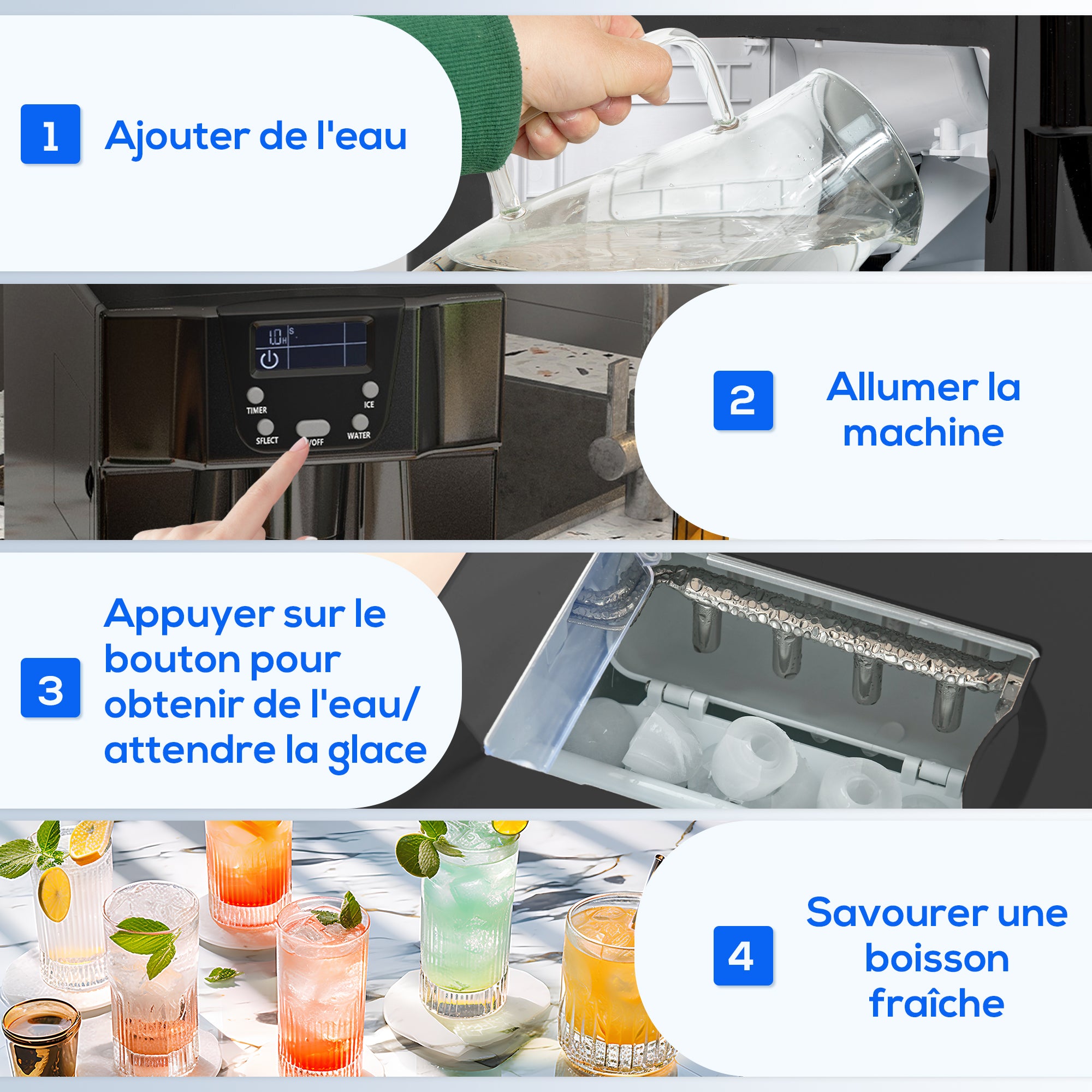 Machine à glaçons avec distributeur d'eau, 12kg en 24h, 9 glaçons en 6-10 minutes, ice maker portable, taille de glaçon réglable, minuterie, pour maison, cuisine, bureau, bar, noir