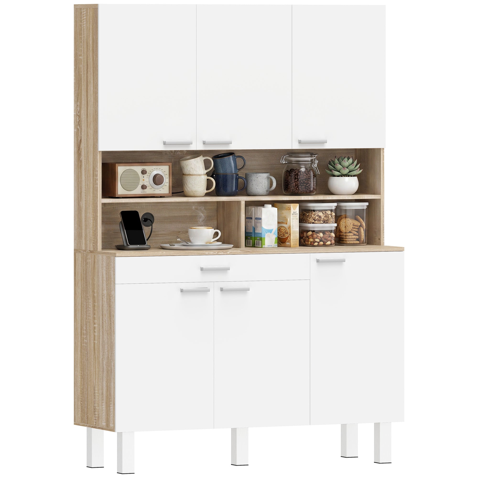Buffet haut cuisine, armoire de cuisine, vaisselier, 6 portes, tiroir et étagères ouvertes, style moderne, meuble de rangement pour salon, salle à manger, 120x40x175cm, blanc et bois naturel