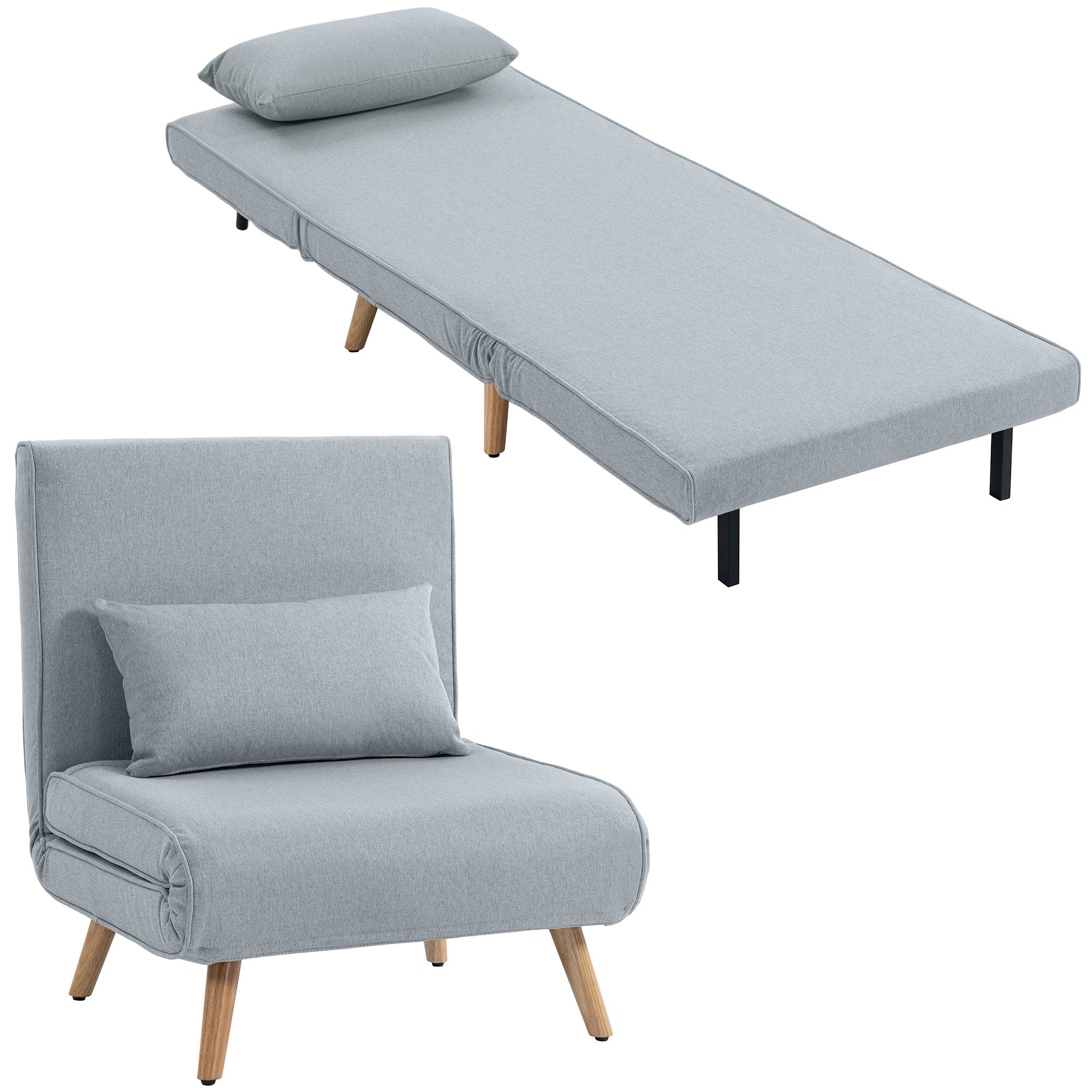 3 en 1 fauteuil convertible 1 place, fauteuil lit et chauffeuse - dossier inclinable 5 niveaux et oreiller inclus, siège rembourré - pour bureau, salon, chambre à coucher, gris clair