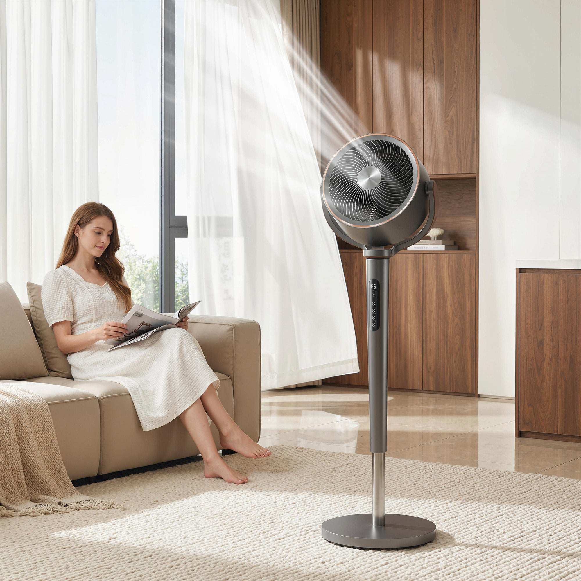 Ventilateur sur pied silencieux 20 dB pour chambre, télécommande, circulateur d'air, oscillation 70°+90°, 12 vitesses, minuterie 12H, lumière LED, moteur BLDC puissant, hauteur réglable, gris