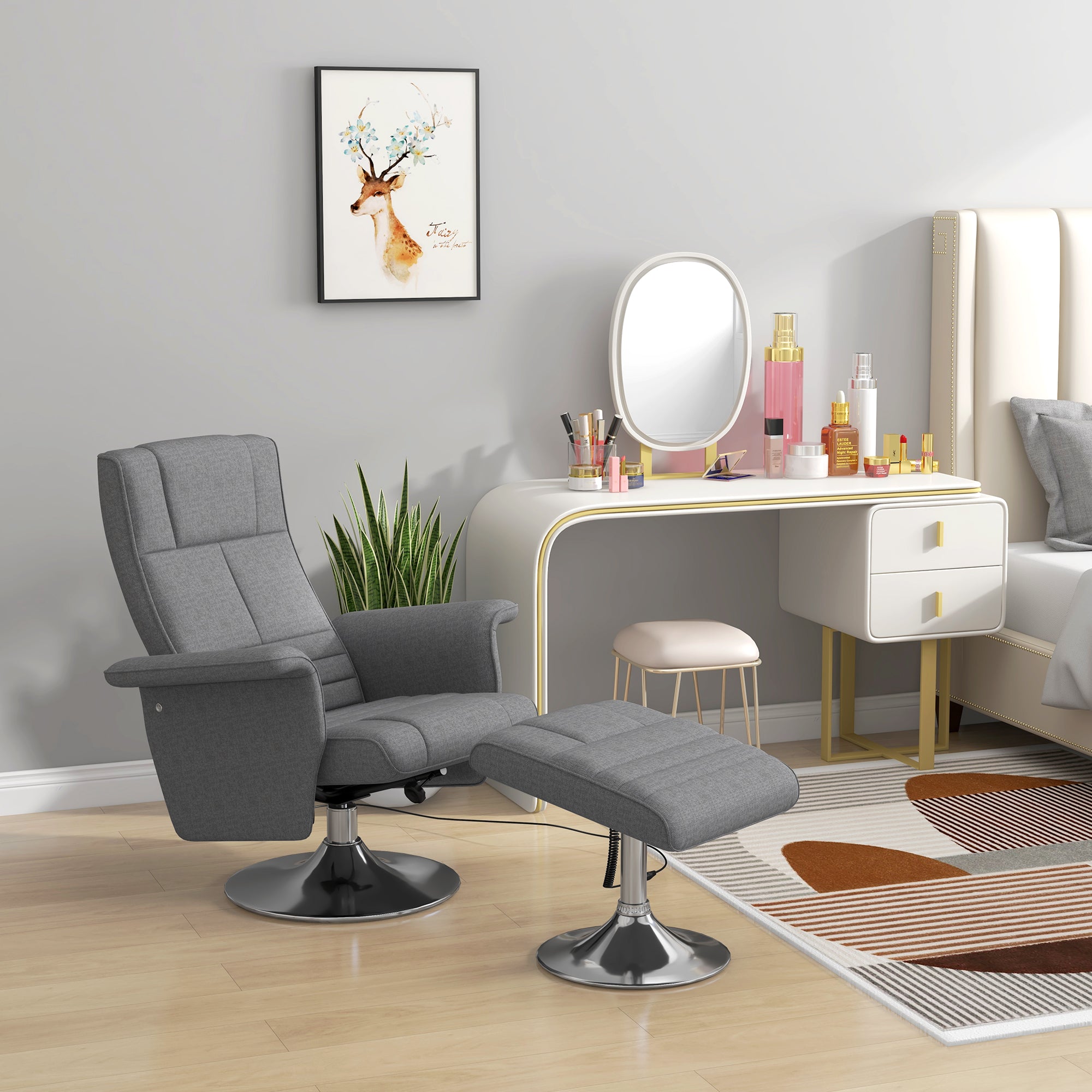 Fauteuil relax massant par vibrations avec pouf, fauteuil TV avec fonction chaise longue, siège pivotant à 360° assise rembourrée confortable, pour salon, chambre, tissu effet lin, gris foncé