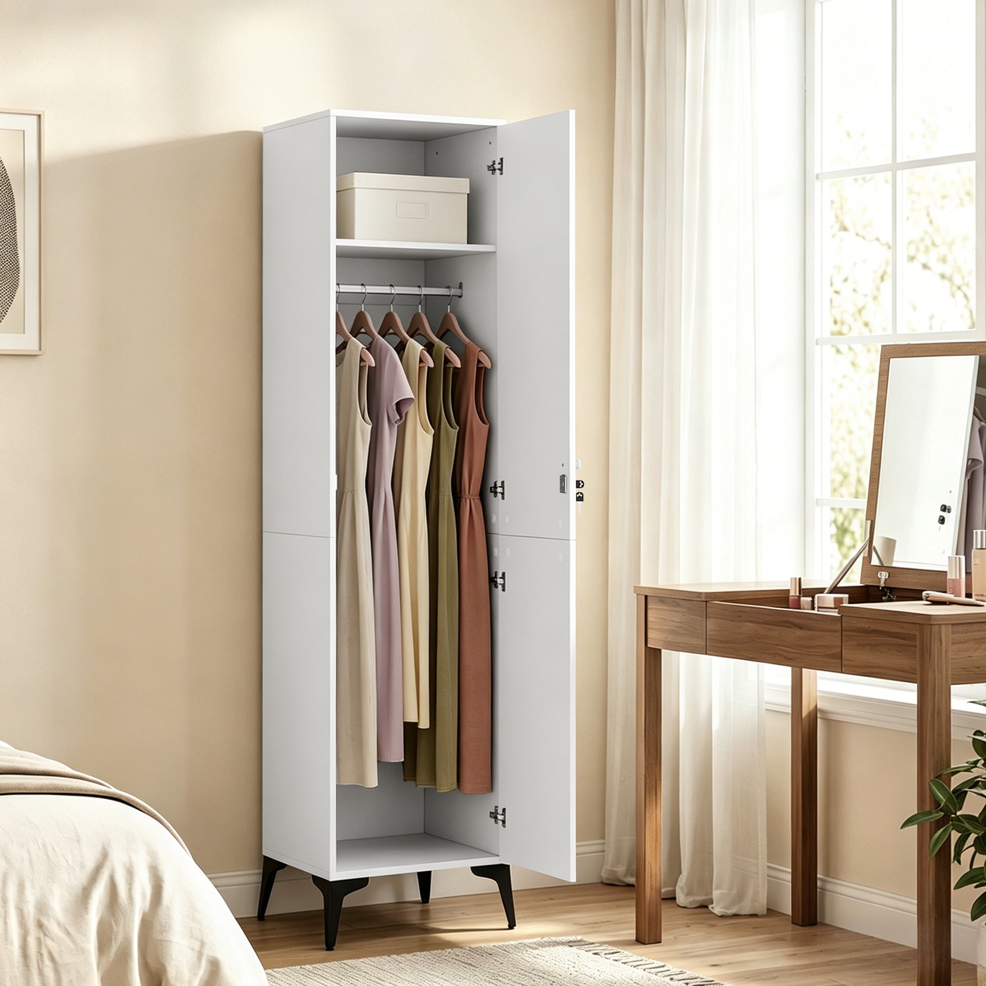 Armoire chambre étroite penderie avec porte, tringle et étagères de rangement, serrure à deux clés, armoire à vêtements, dressing, pour chambre à coucher, 36 x 40 x 180 cm, blanc