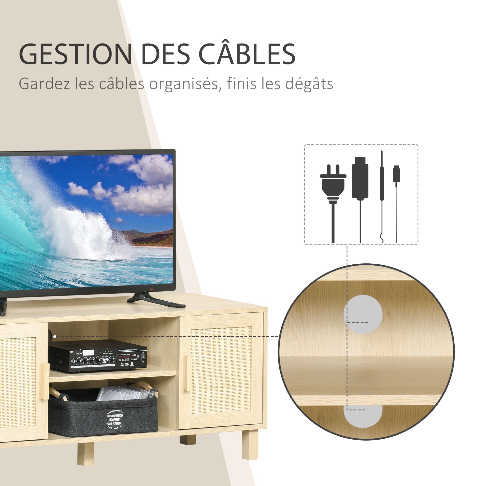 Meuble TV Banc TV 2 niches 2 placards Porte cannage en rotin dim. 115L x 40l x 48H cm MDF Aspect Bois Clair