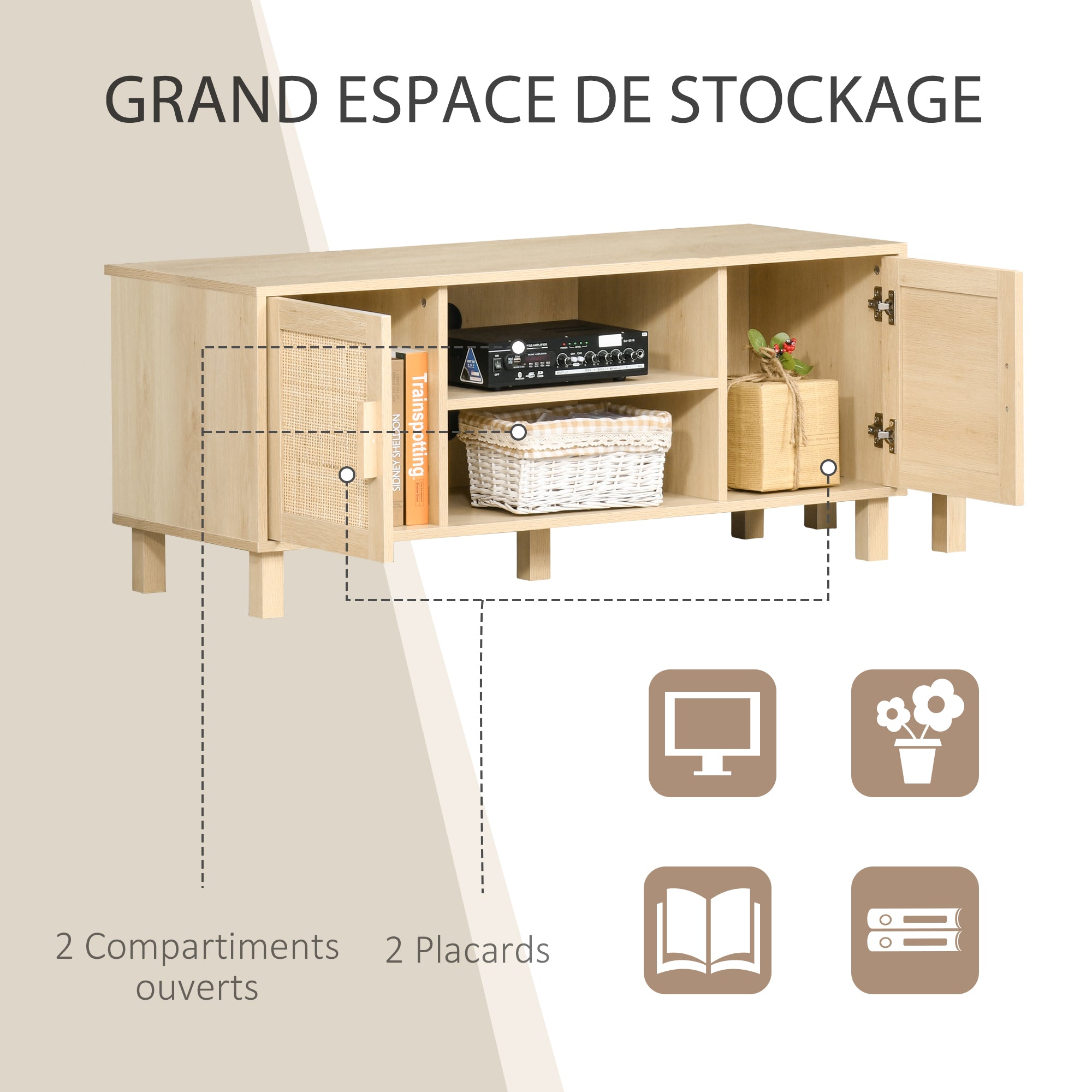Meuble TV Banc TV 2 niches 2 placards Porte cannage en rotin dim. 115L x 40l x 48H cm MDF Aspect Bois Clair