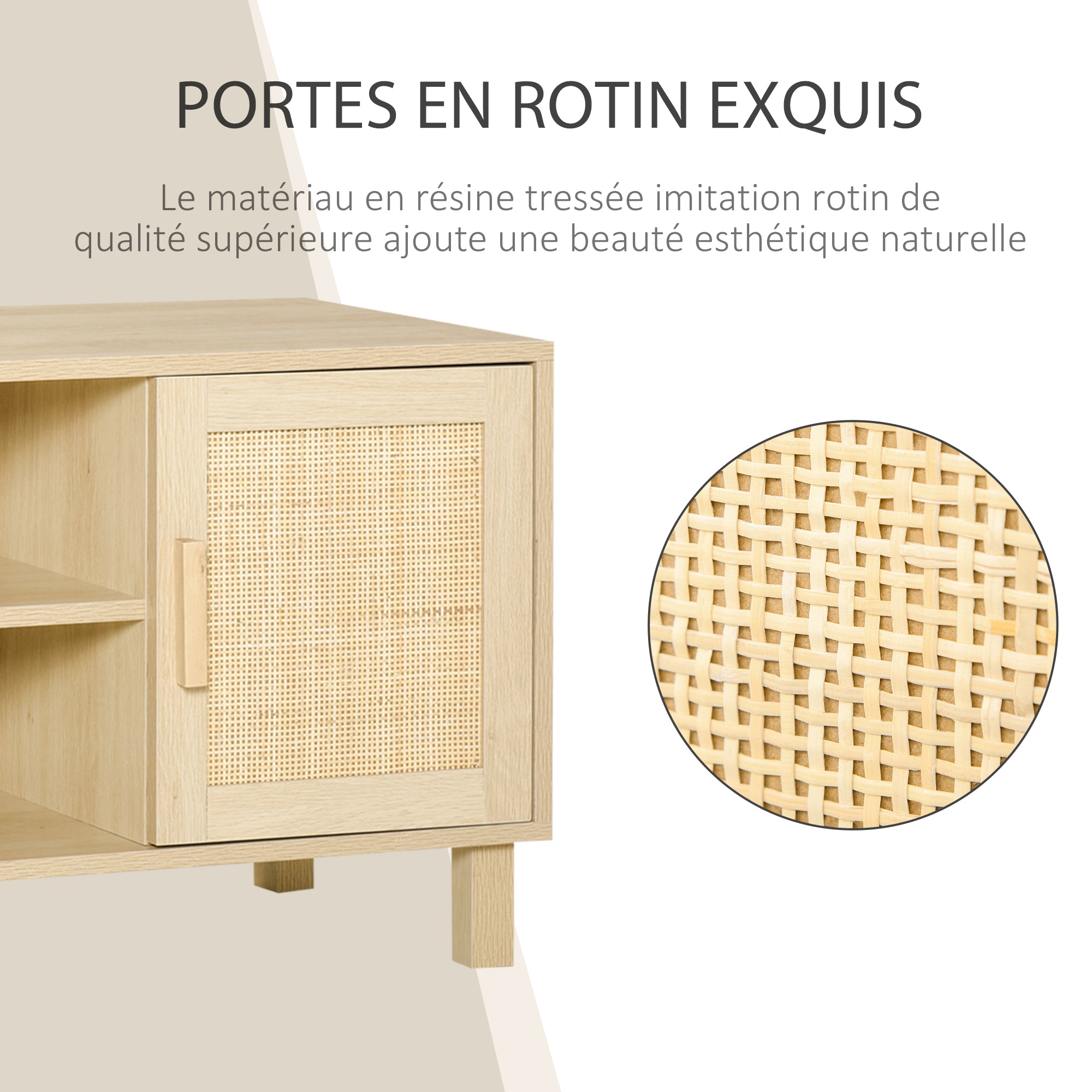 Meuble TV Banc TV 2 niches 2 placards Porte cannage en rotin dim. 115L x 40l x 48H cm MDF Aspect Bois Clair