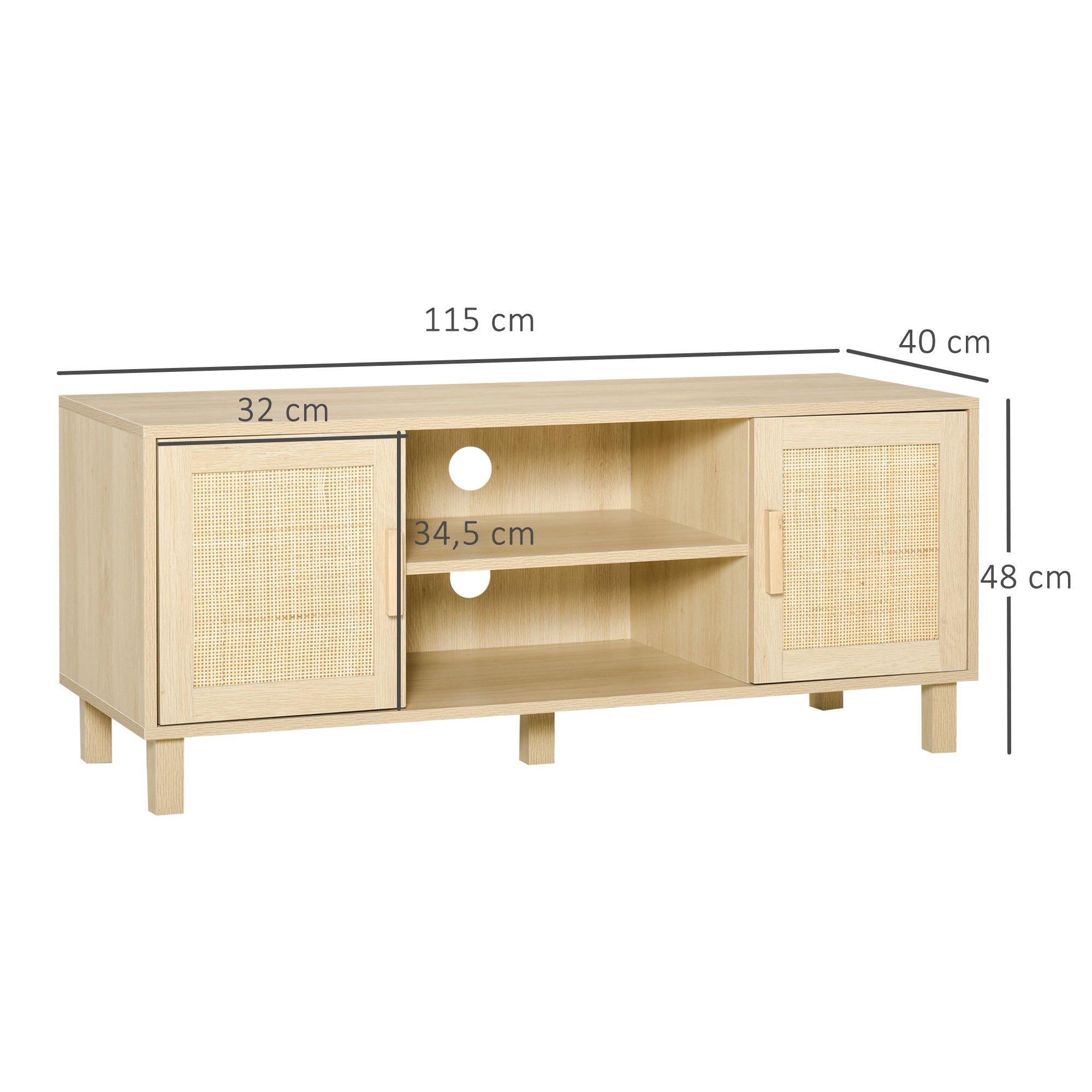 Meuble TV Banc TV 2 niches 2 placards Porte cannage en rotin dim. 115L x 40l x 48H cm MDF Aspect Bois Clair