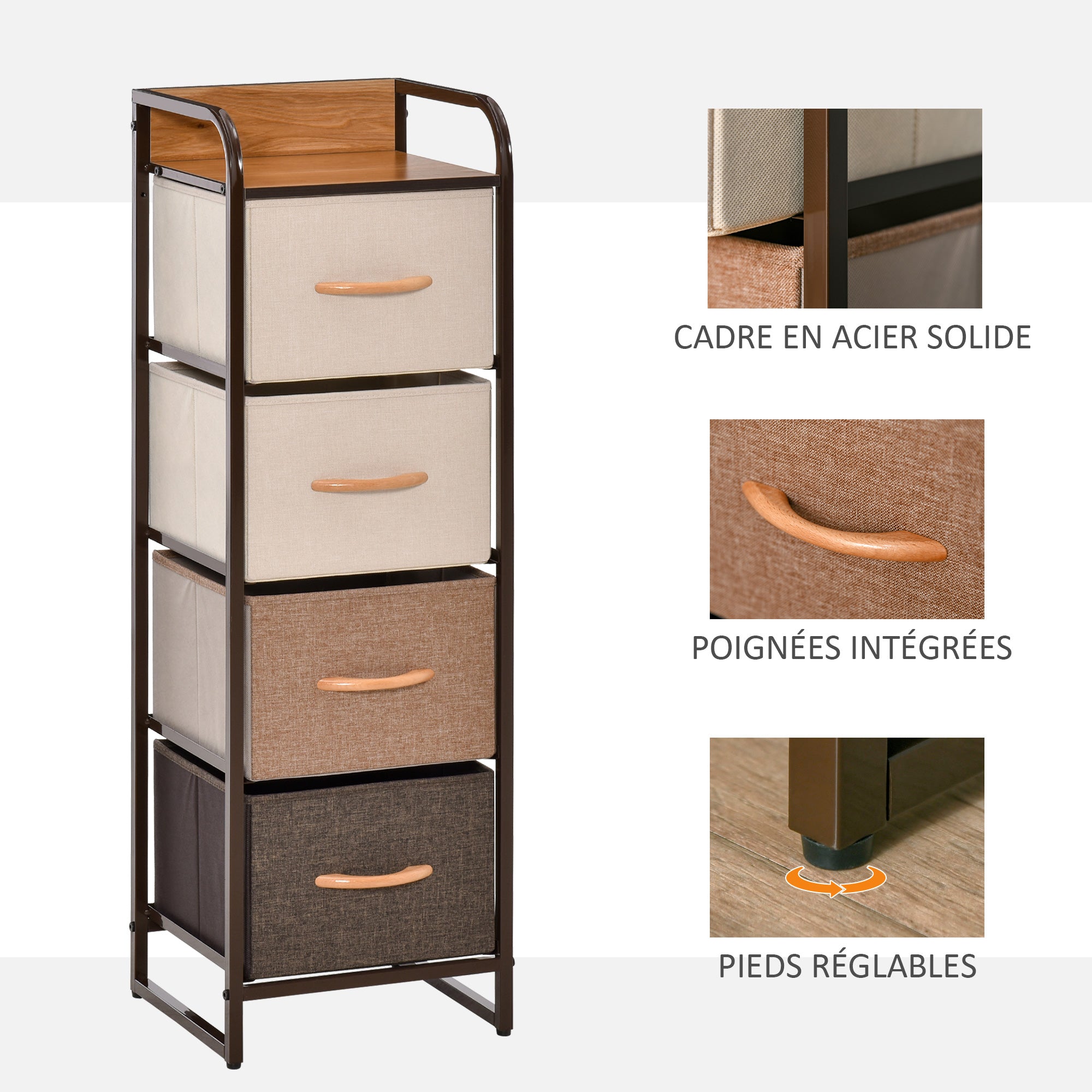 Commode Meuble de Rangement 5 tiroirs en tissu pliant - structure acier noir - 45 x 30 x 116 cm beige, marron