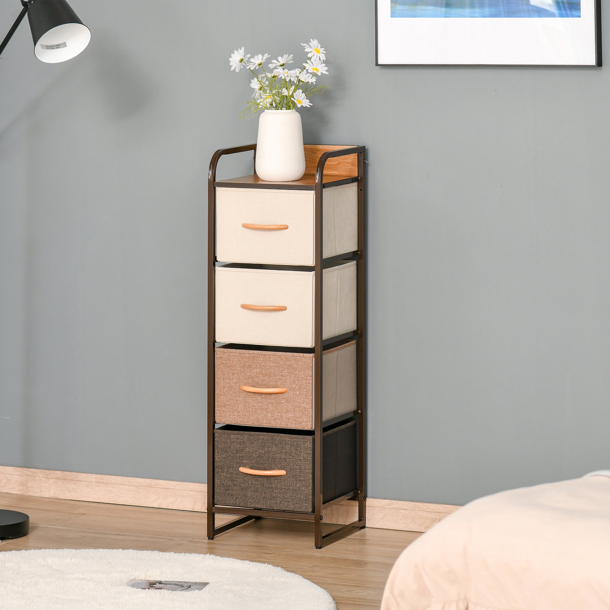 Commode Meuble de Rangement 5 tiroirs en tissu pliant - structure acier noir - 45 x 30 x 116 cm beige, marron