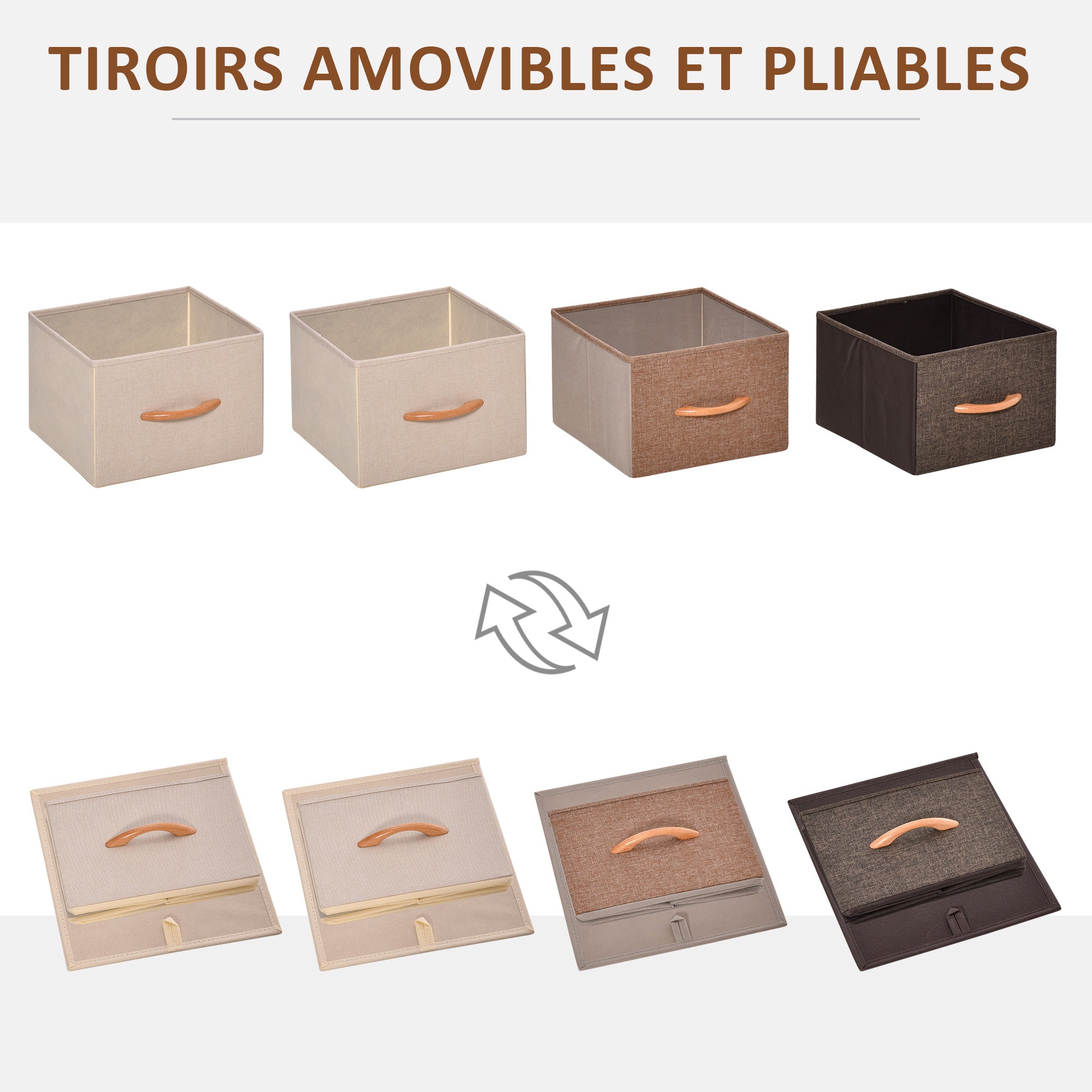 Commode Meuble de Rangement 5 tiroirs en tissu pliant - structure acier noir - 45 x 30 x 116 cm beige, marron