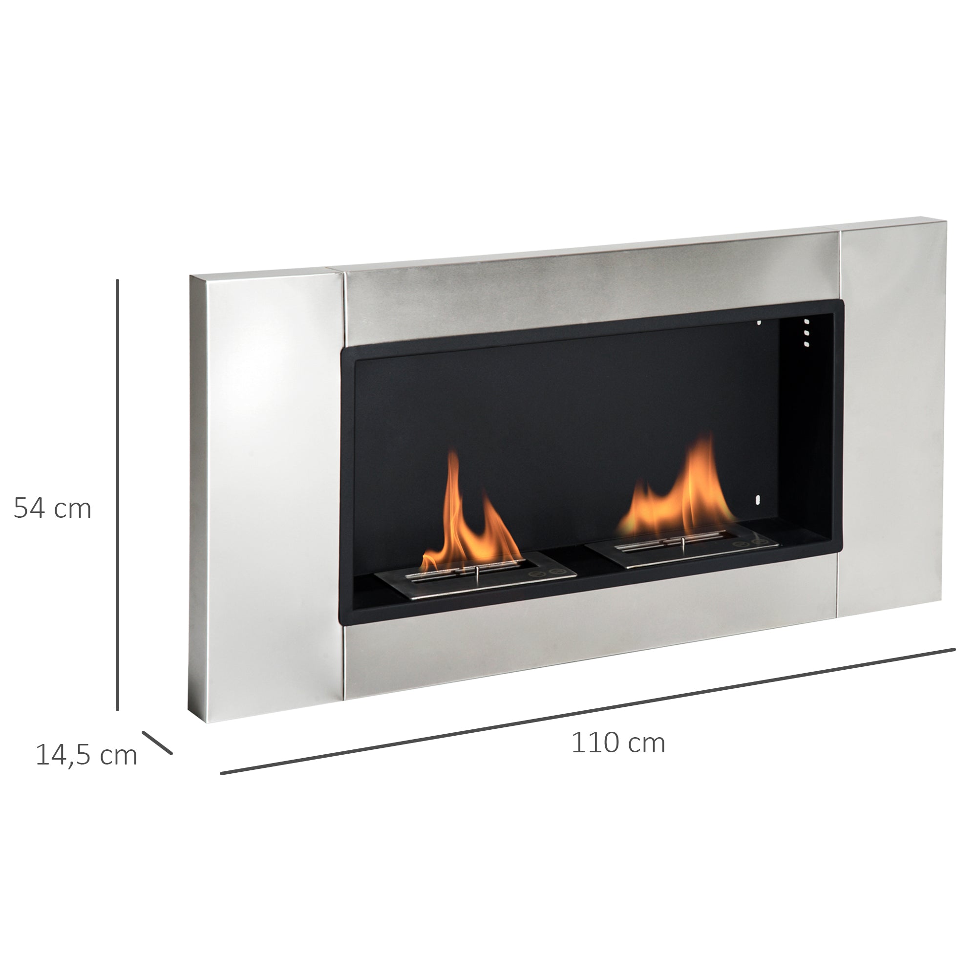 Cheminée bioéthanol Murale encastrable brûleur 2*0,9 L, environ 3 h de durée de combustion 110L x 14,5l x 54H cm Couverture 25-30 m² Acier inox