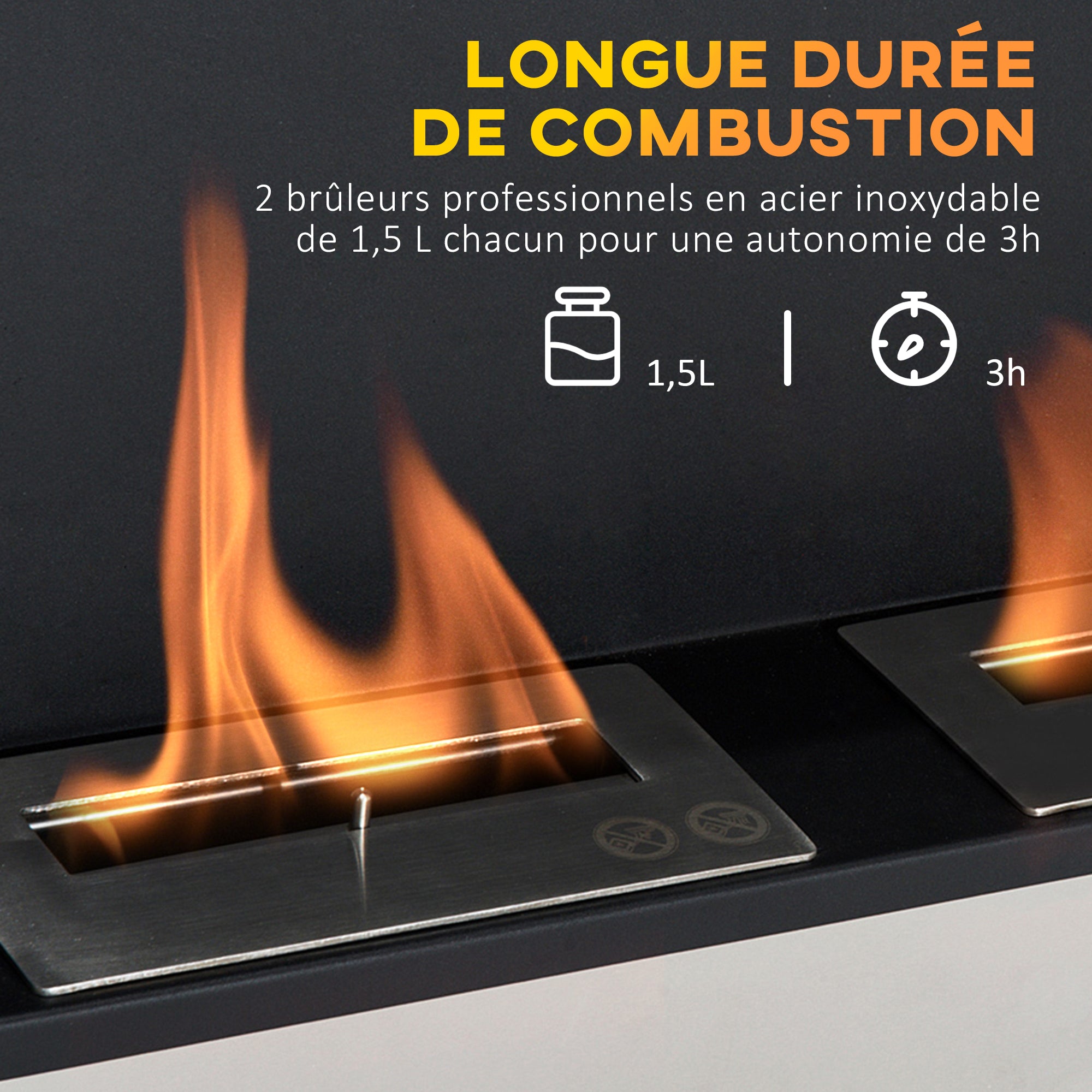 Cheminée bioéthanol Murale encastrable brûleur 2*0,9 L, environ 3 h de durée de combustion 110L x 14,5l x 54H cm Couverture 25-30 m² Acier inox