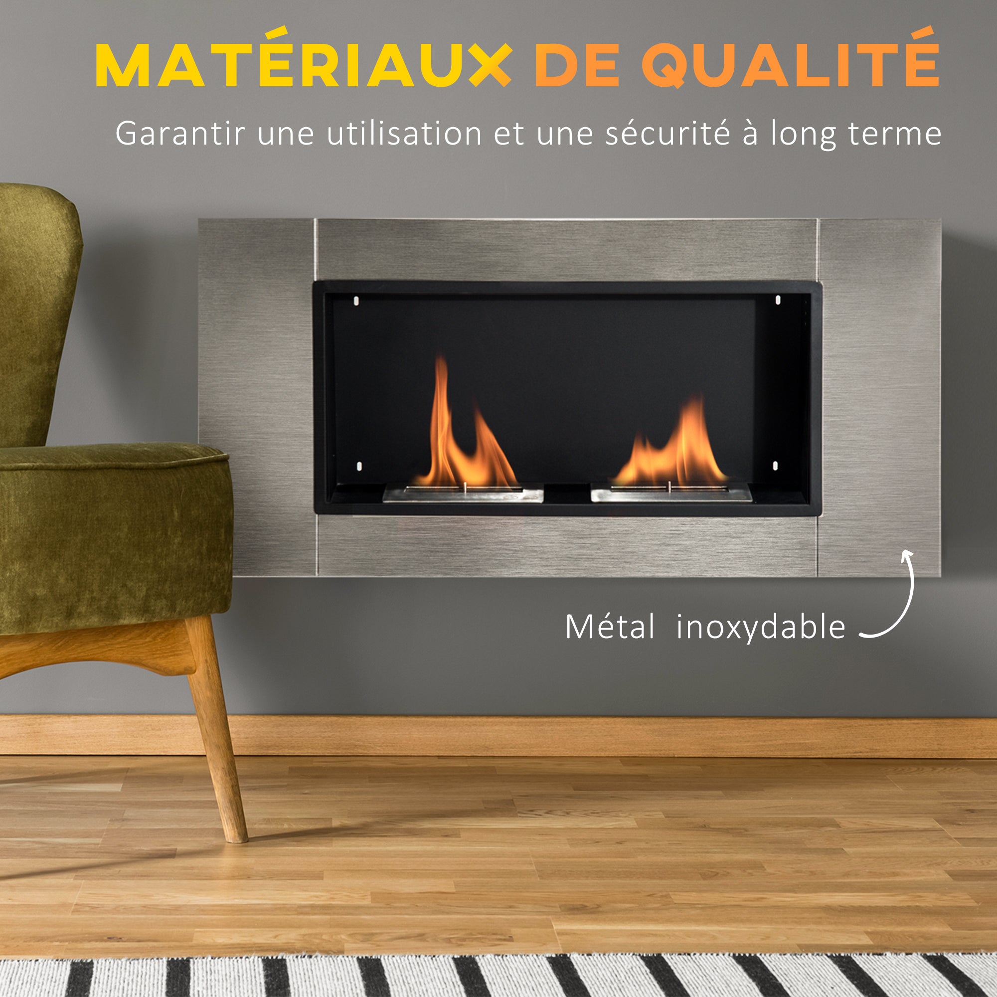 Cheminée bioéthanol Murale encastrable brûleur 2*0,9 L, environ 3 h de durée de combustion 110L x 14,5l x 54H cm Couverture 25-30 m² Acier inox