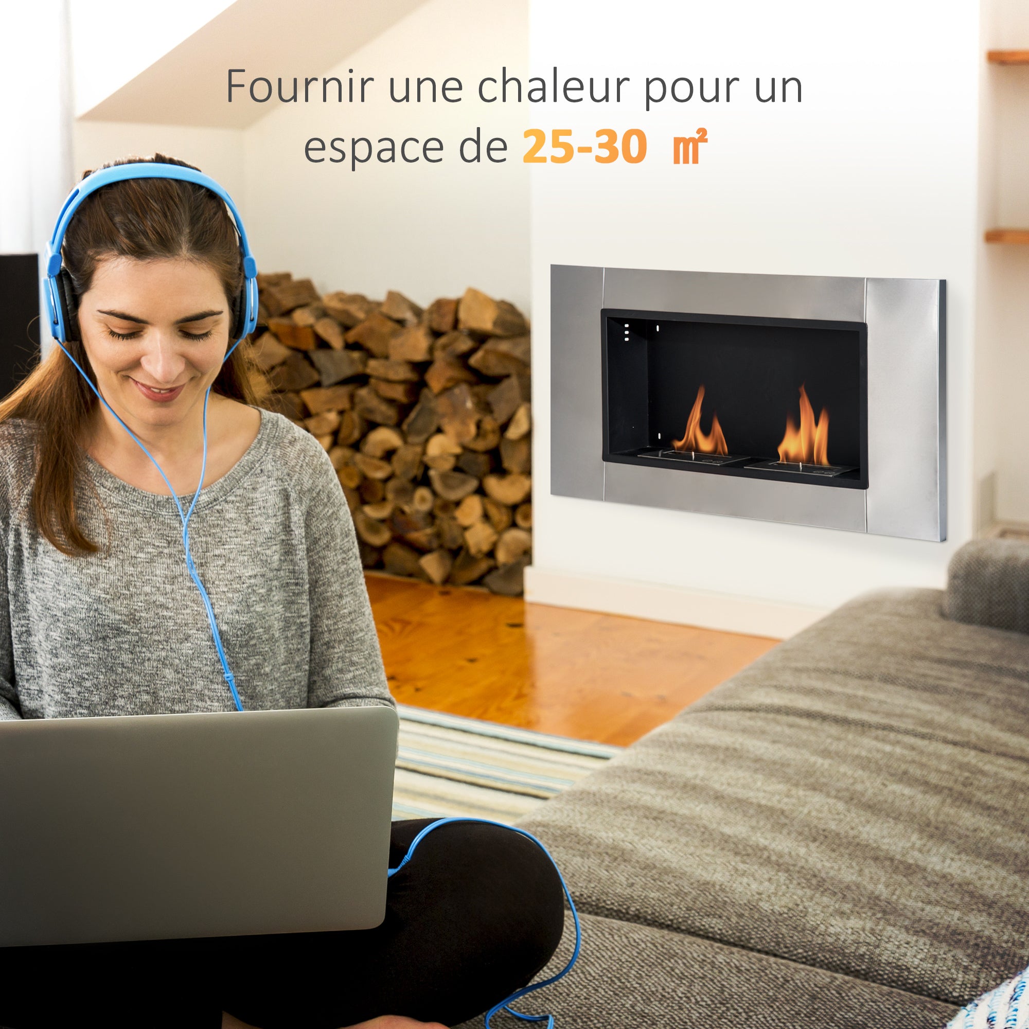 Cheminée bioéthanol Murale encastrable brûleur 2*0,9 L, environ 3 h de durée de combustion 110L x 14,5l x 54H cm Couverture 25-30 m² Acier inox