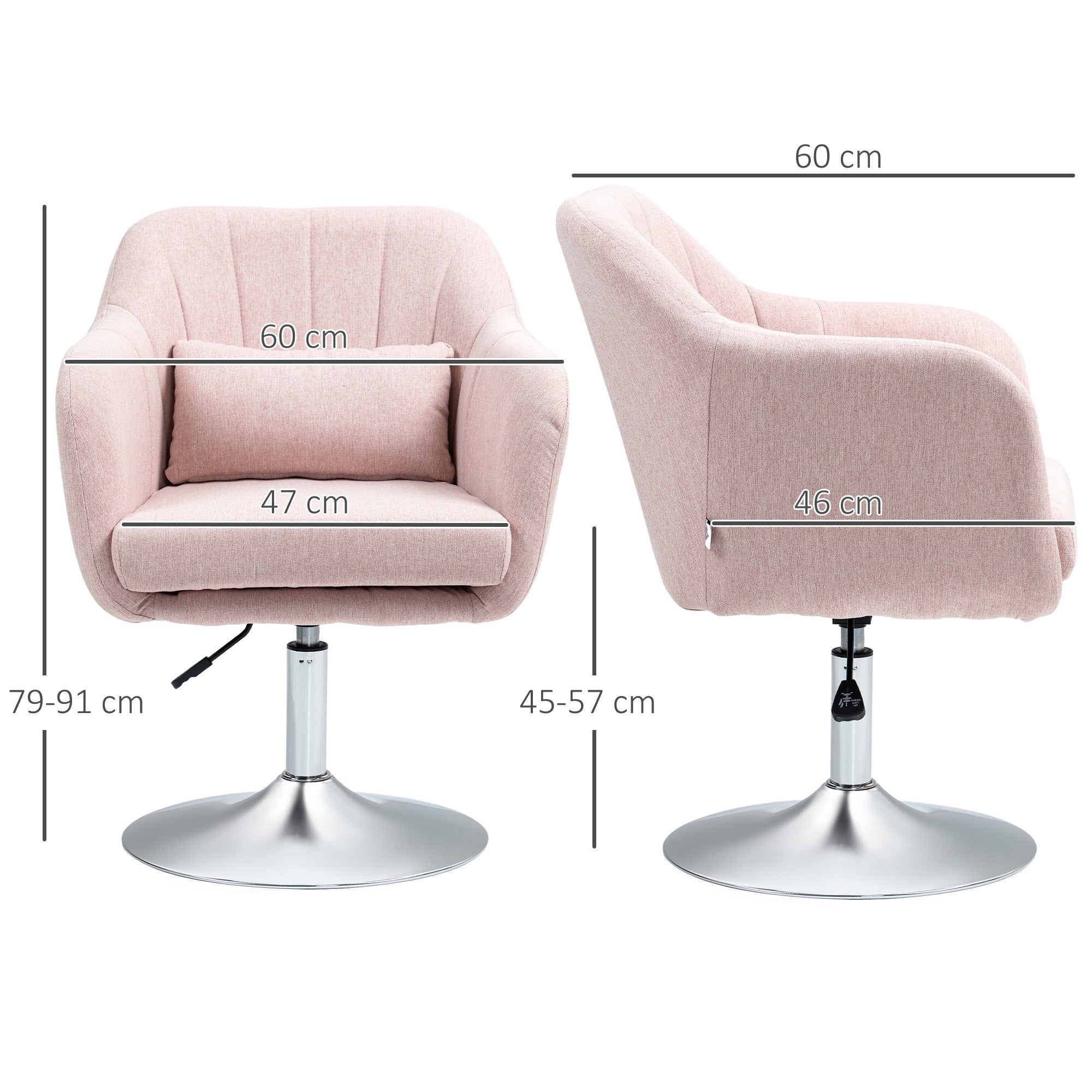 Fauteuil de salon chaise relax fauteuil de chambre grand confort - coussins lombaires hauteur réglable pivotant 360° piètement en métal chromé - rose