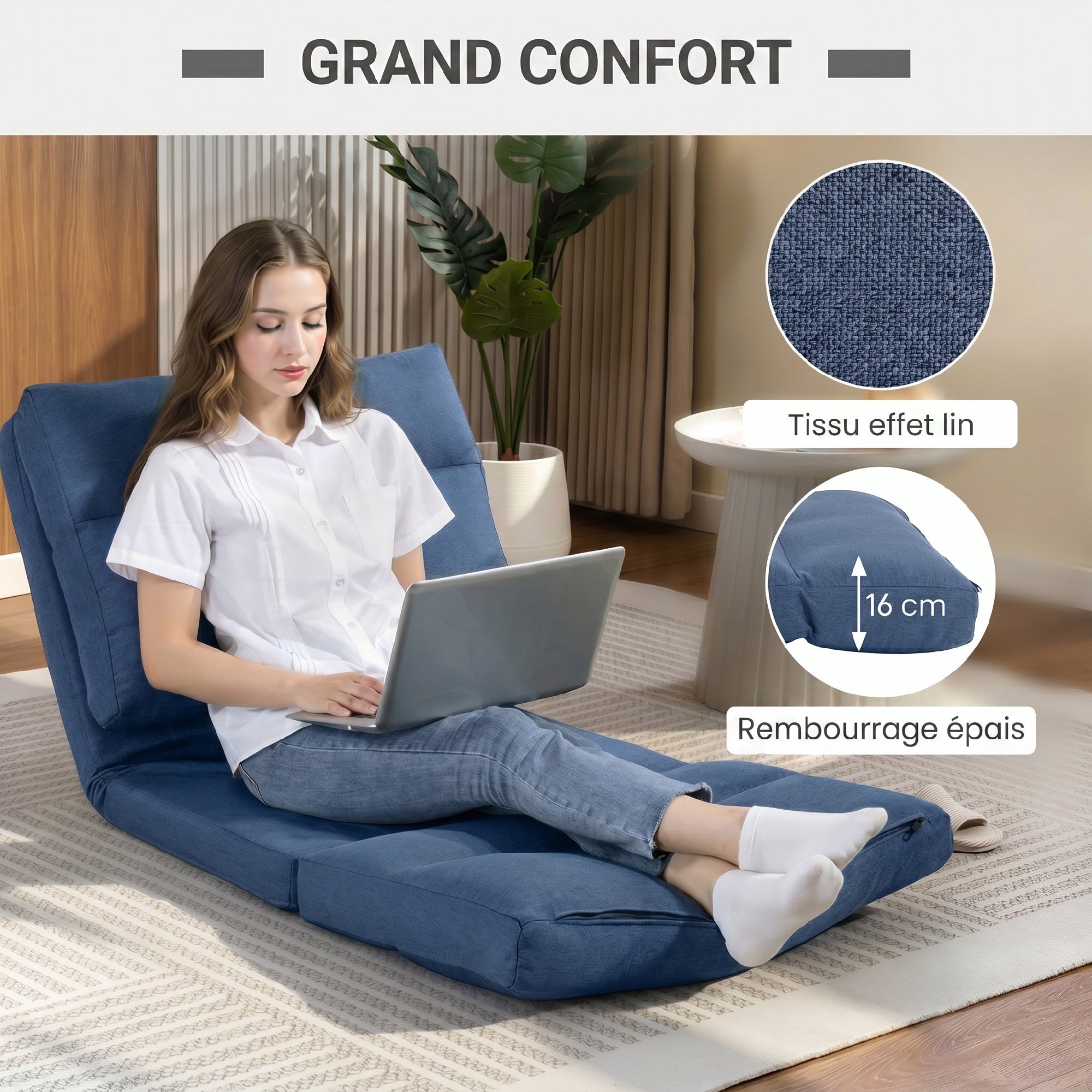 Canapé paresseux chauffeuse 1 place fauteuil paresseux convertible en lit fauteuil salon avec dossier inclinable sur 5 positions, charge 120 Kg, pour salon chambre et bureau, 70x72x56 cm, bleu