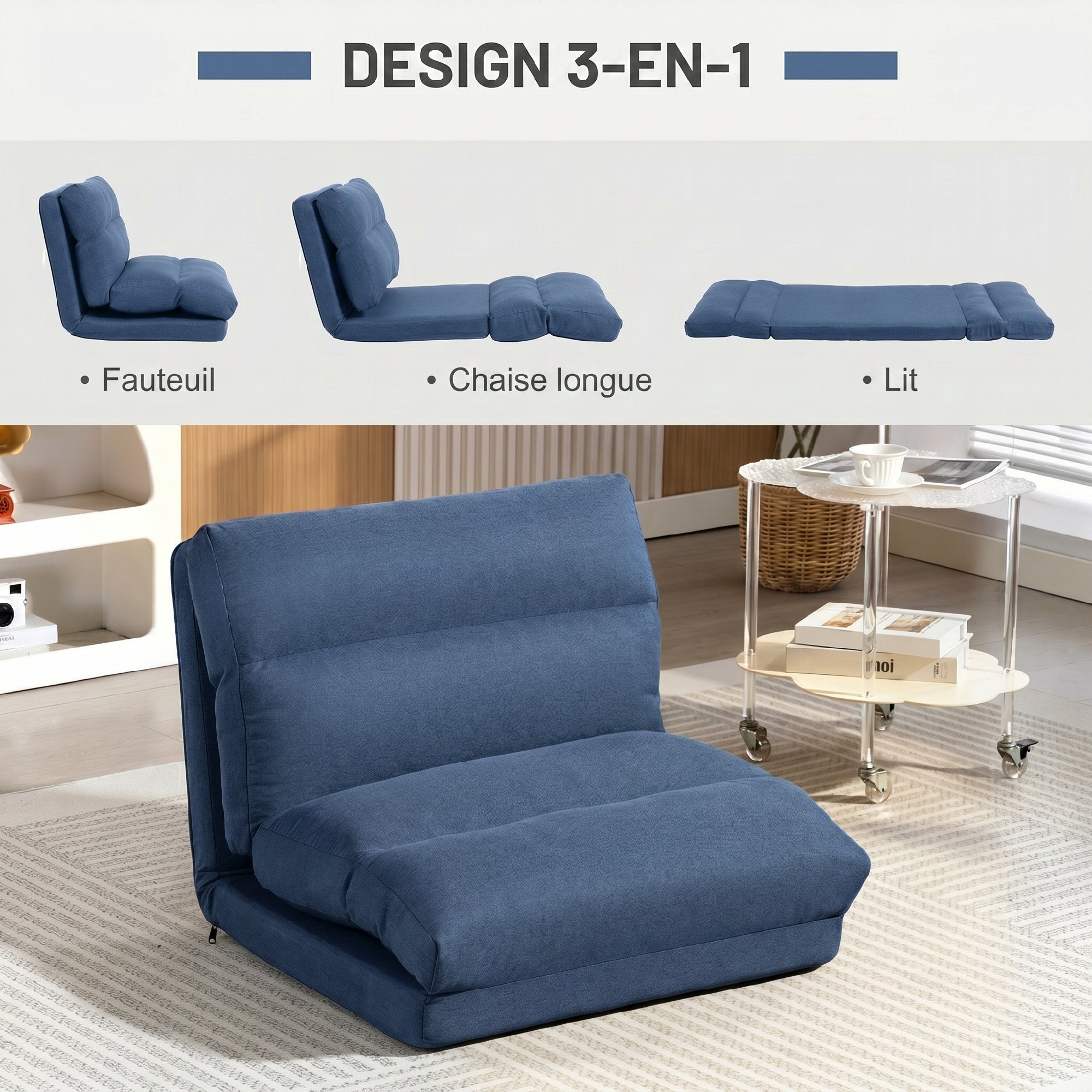 Canapé paresseux chauffeuse 1 place fauteuil paresseux convertible en lit fauteuil salon avec dossier inclinable sur 5 positions, charge 120 Kg, pour salon chambre et bureau, 70x72x56 cm, bleu