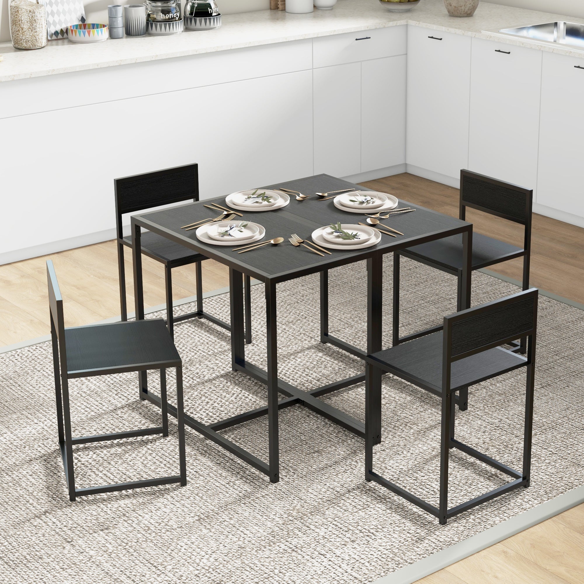Ensemble table et chaises pour 2 personnes, table de cuisine avec chaises, table à manger 3 pièces avec 2 chaises encastrables, pour cuisine salon maison, noir