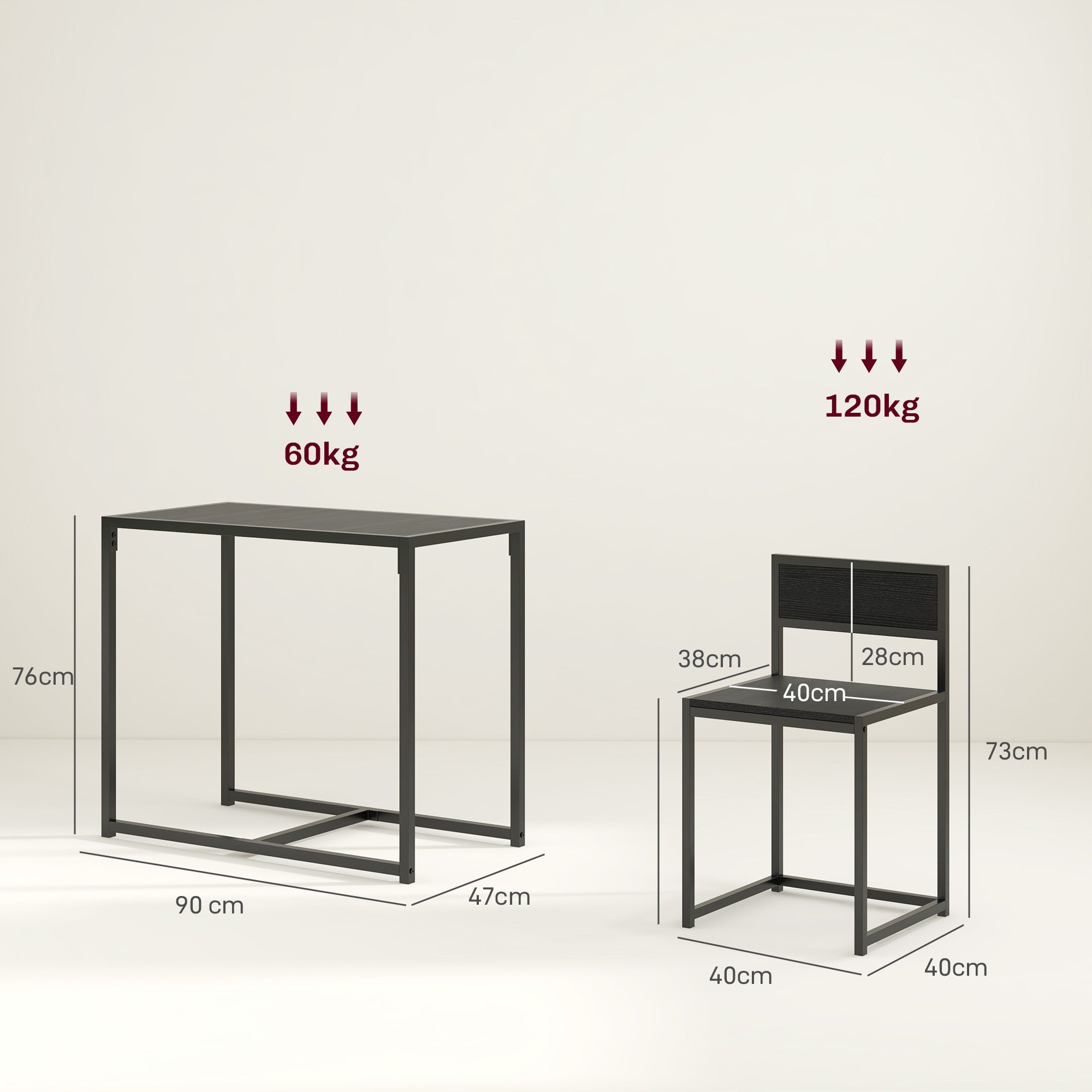 Ensemble table et chaises pour 2 personnes, table de cuisine avec chaises, table à manger 3 pièces avec 2 chaises encastrables, pour cuisine salon maison, noir