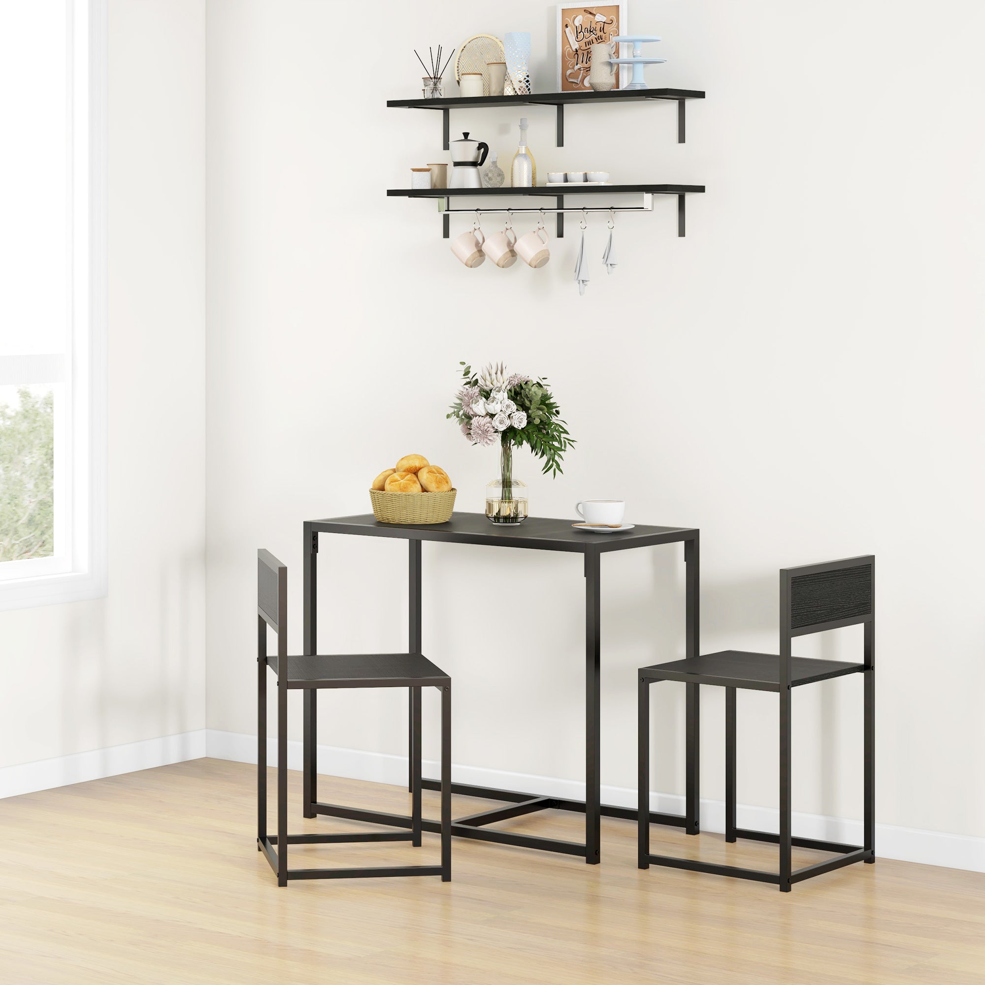 Ensemble table et chaises pour 2 personnes, table de cuisine avec chaises, table à manger 3 pièces avec 2 chaises encastrables, pour cuisine salon maison, noir
