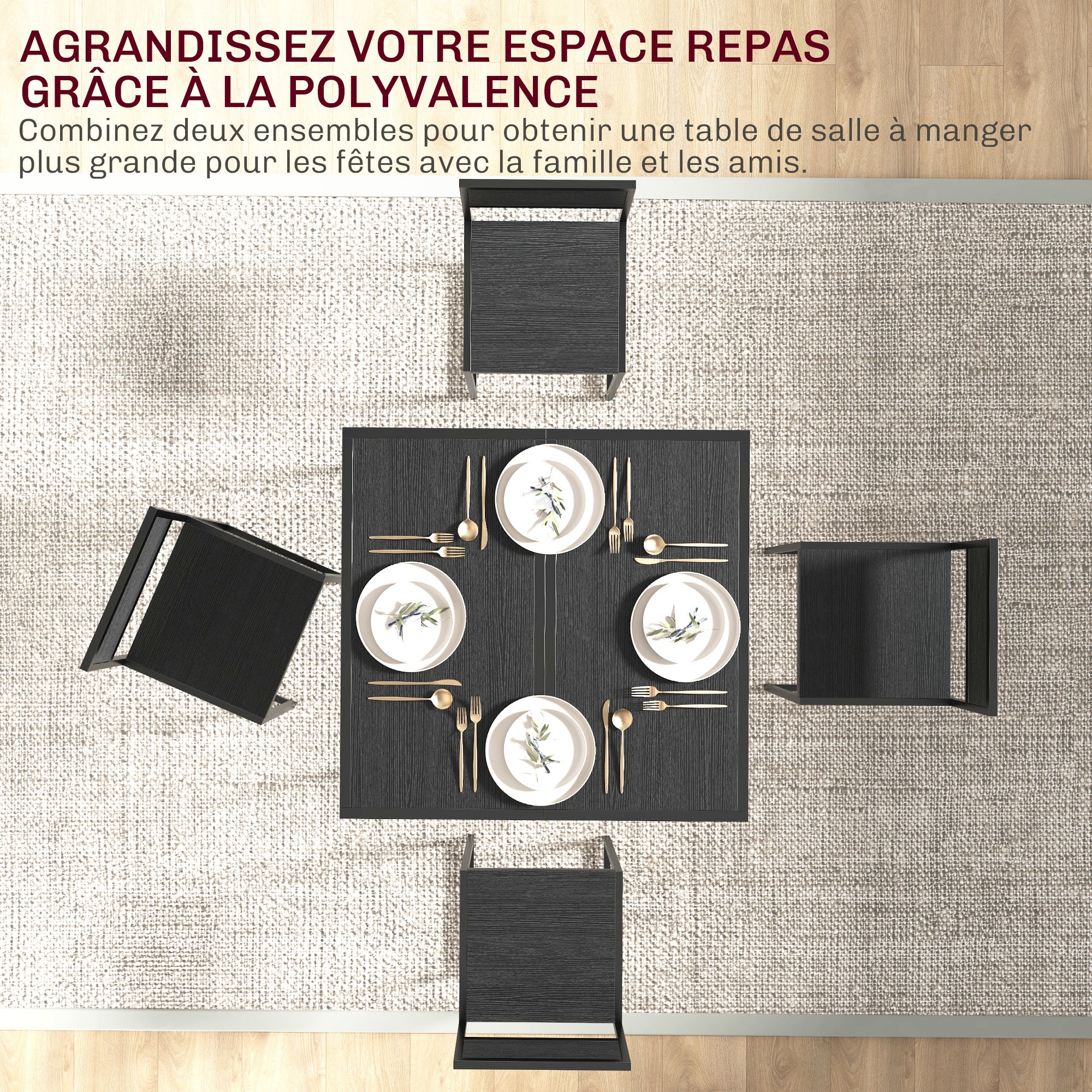 Ensemble table et chaises pour 2 personnes, table de cuisine avec chaises, table à manger 3 pièces avec 2 chaises encastrables, pour cuisine salon maison, noir