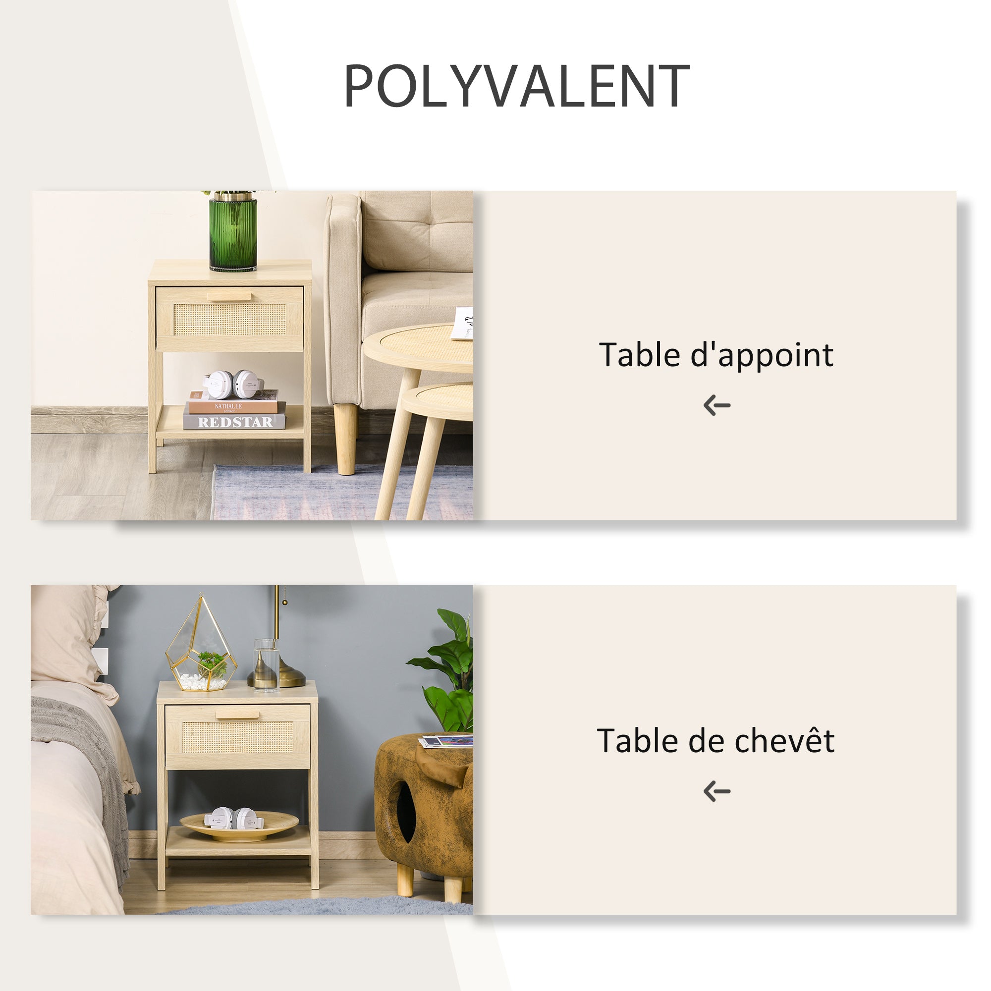 Table de chevet table de nuit avec tiroir et étagère, cannage en rotin, dim. 40L x 40l x 48H cm aspect bois naturel clair