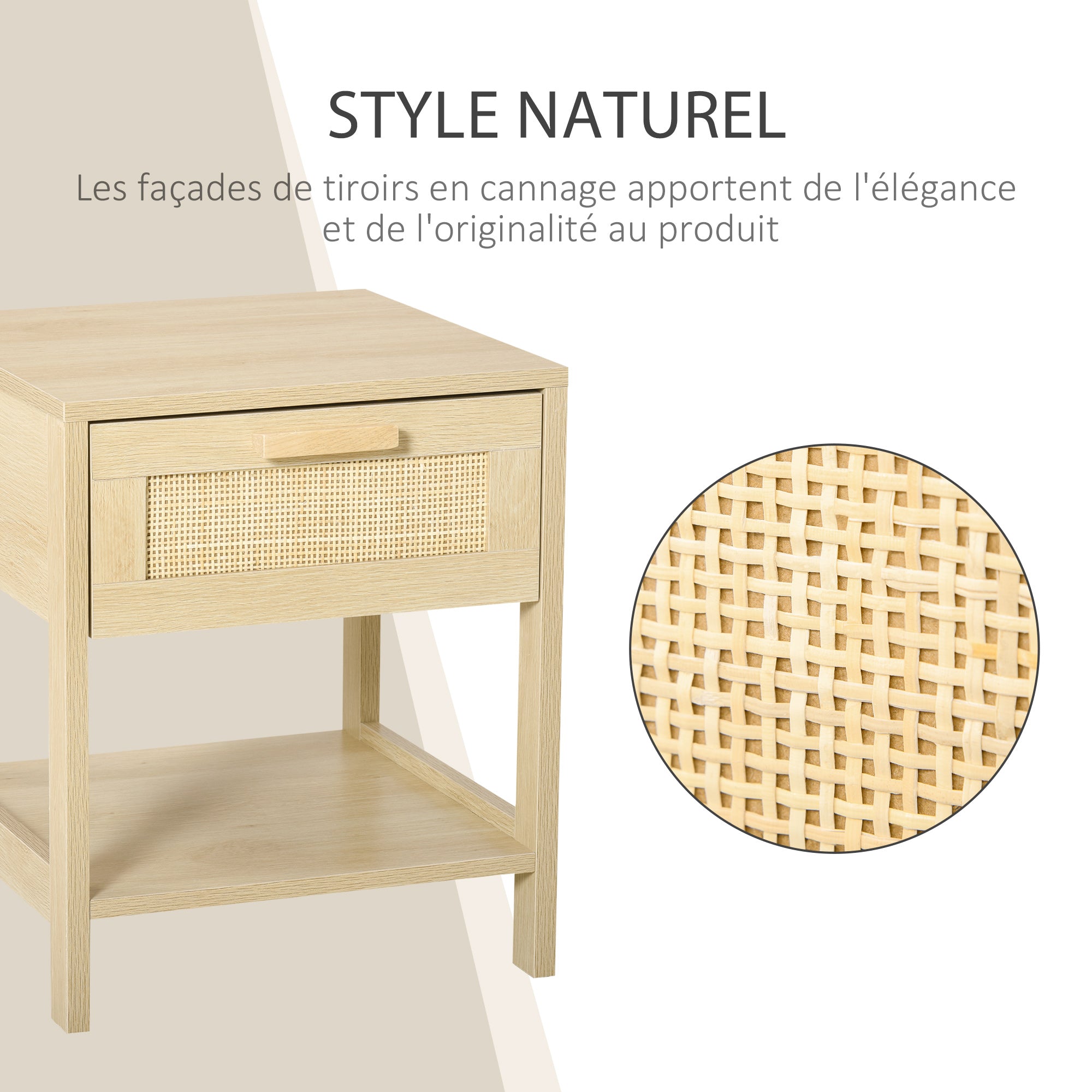 Table de chevet table de nuit avec tiroir et étagère, cannage en rotin, dim. 40L x 40l x 48H cm aspect bois naturel clair