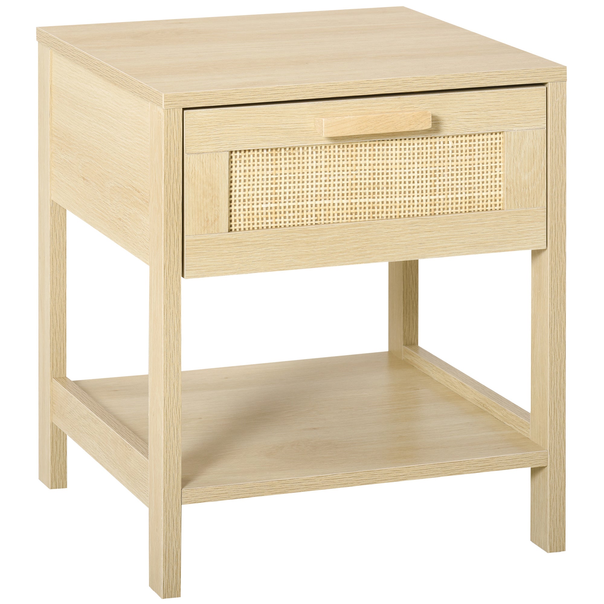 Table de chevet table de nuit avec tiroir et étagère, cannage en rotin, dim. 40L x 40l x 48H cm aspect bois naturel clair