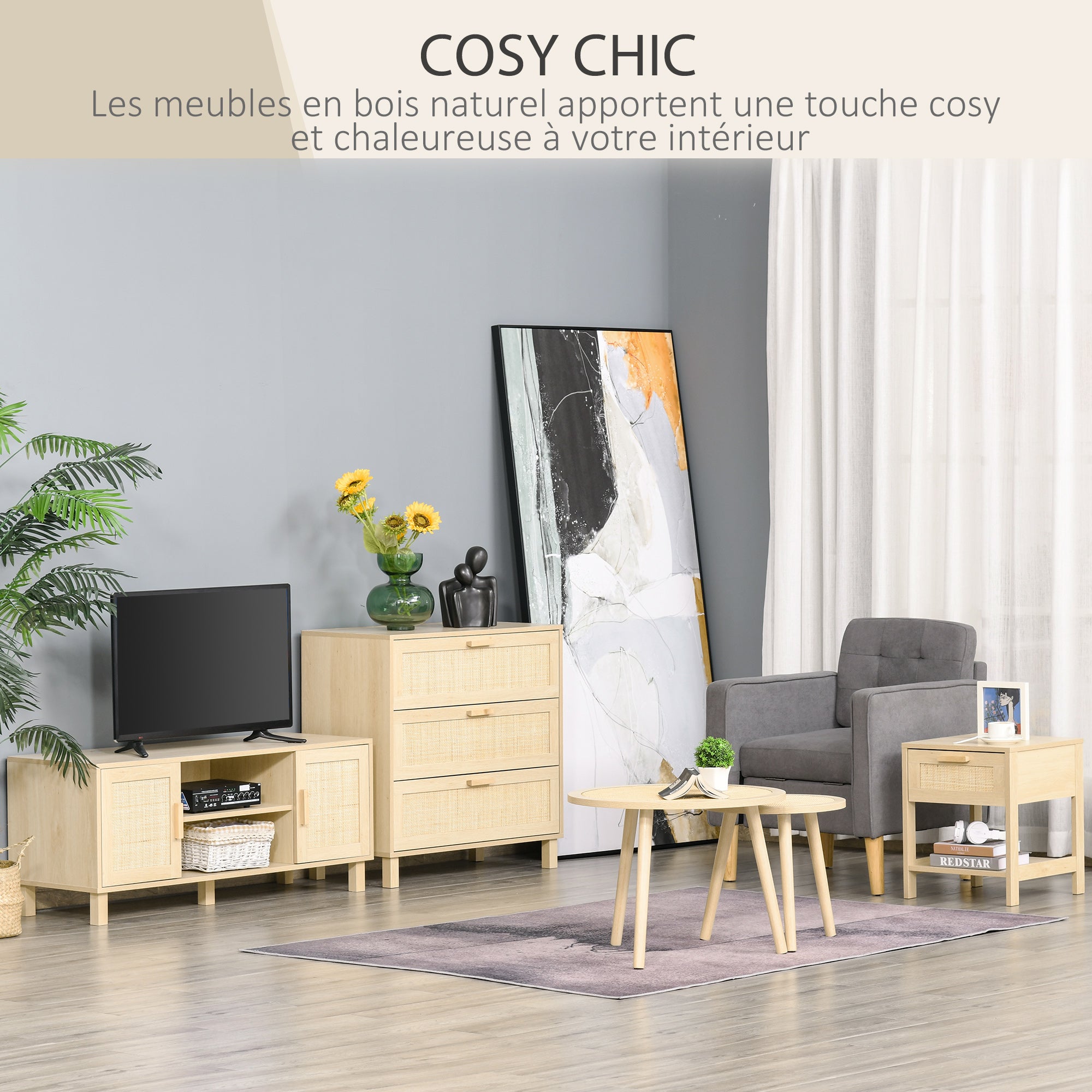 Table de chevet table de nuit avec tiroir et étagère, cannage en rotin, dim. 40L x 40l x 48H cm aspect bois naturel clair