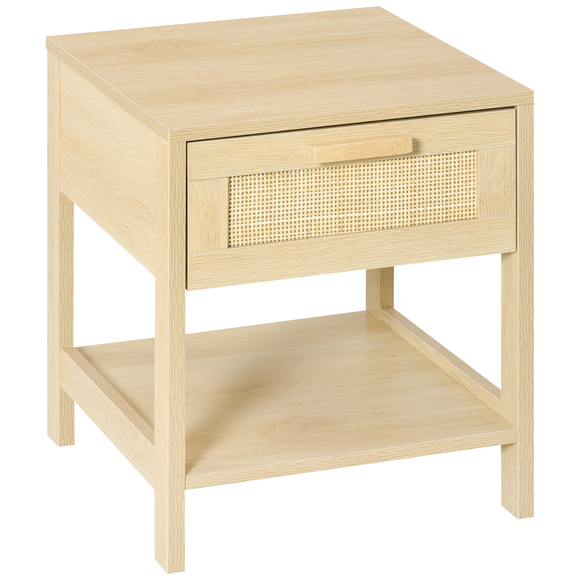 Table de chevet table de nuit avec tiroir et étagère, cannage en rotin, dim. 40L x 40l x 48H cm aspect bois naturel clair
