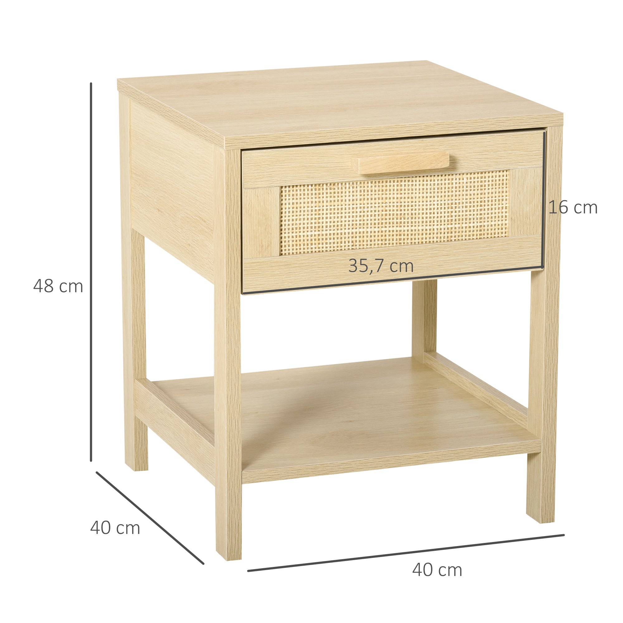 Table de chevet table de nuit avec tiroir et étagère, cannage en rotin, dim. 40L x 40l x 48H cm aspect bois naturel clair
