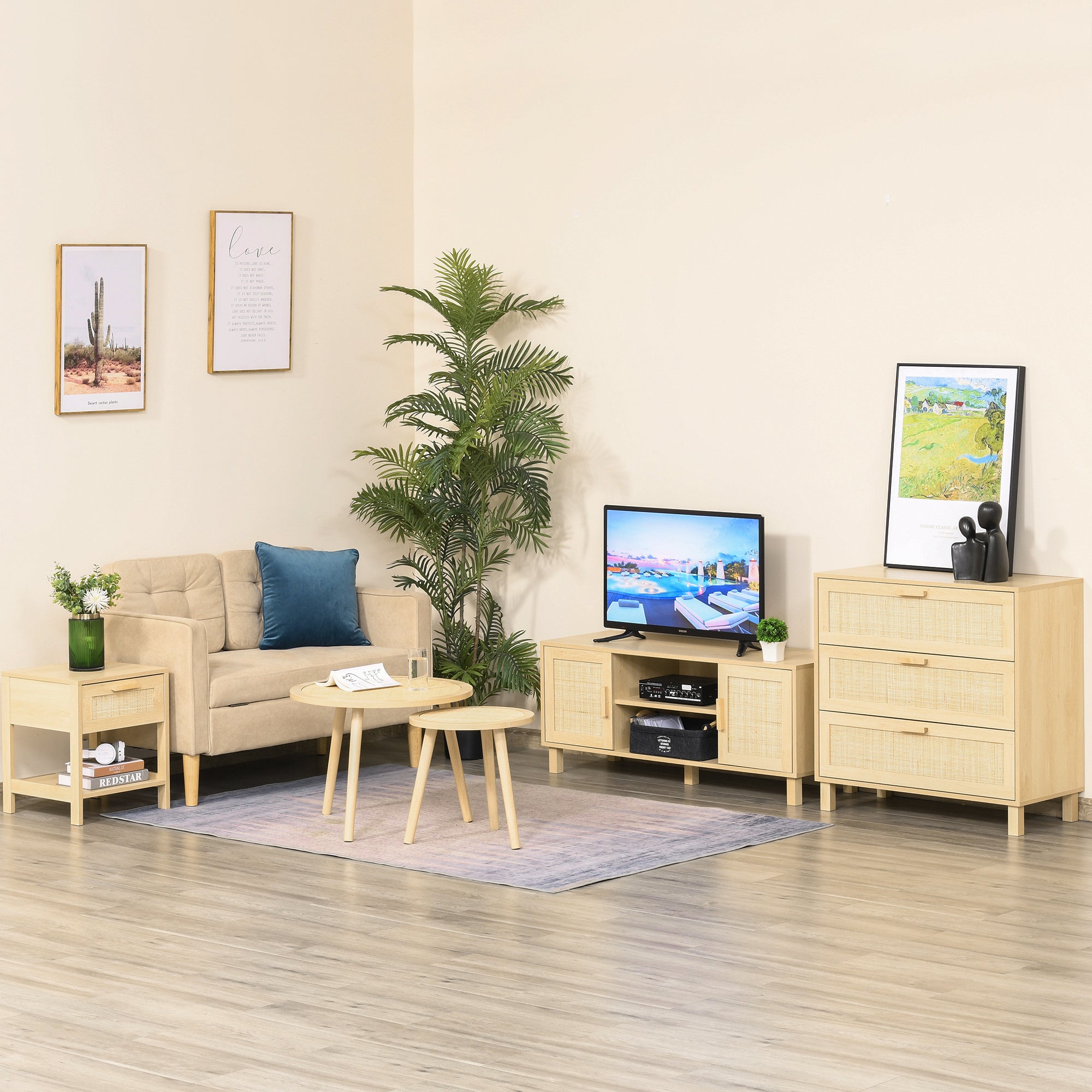 Table de chevet table de nuit avec tiroir et étagère, cannage en rotin, dim. 40L x 40l x 48H cm aspect bois naturel clair