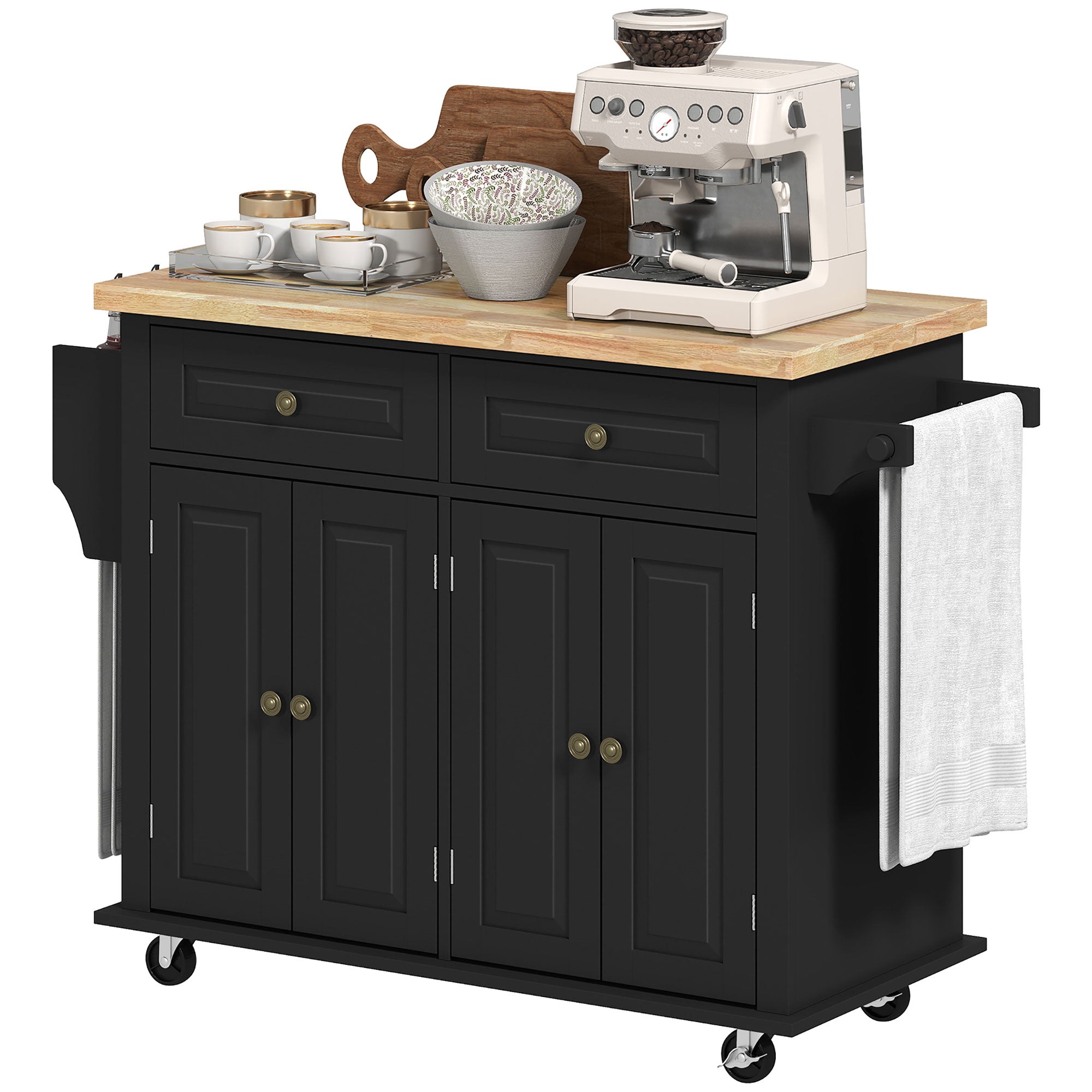 Desserte ilôt de cuisine multi rangements 2 tiroirs 2 placard 2 portes avec étagère range-bouteille porte-torchons et étagère réglable MDF noir hévéa