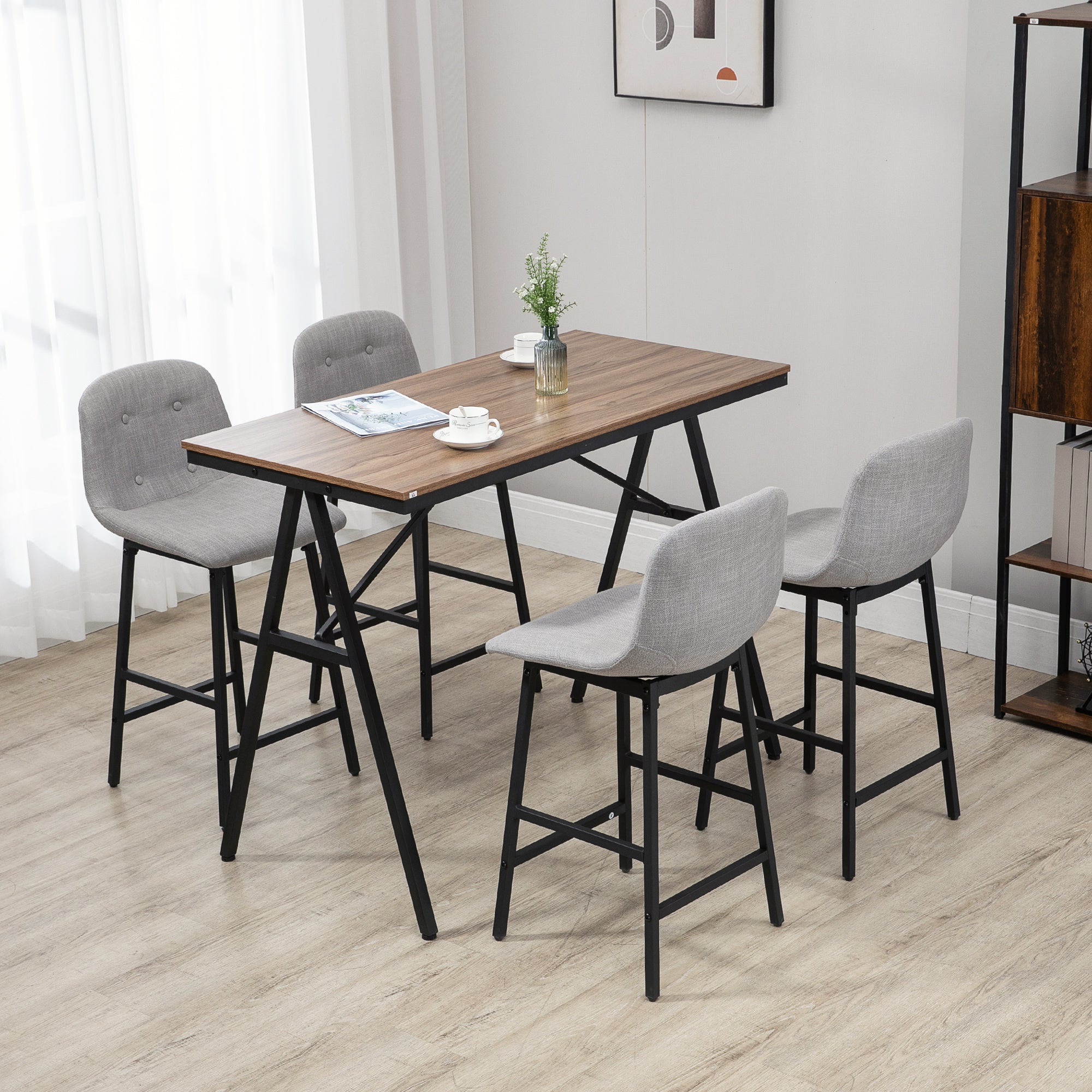 Ensemble table de bar avec tabourets, table à manger debout avec 4 chaises rembourrées, pieds en acier, style industriel, table haute bar et 4 tabourets pour salle à manger, cuisine, gris clair
