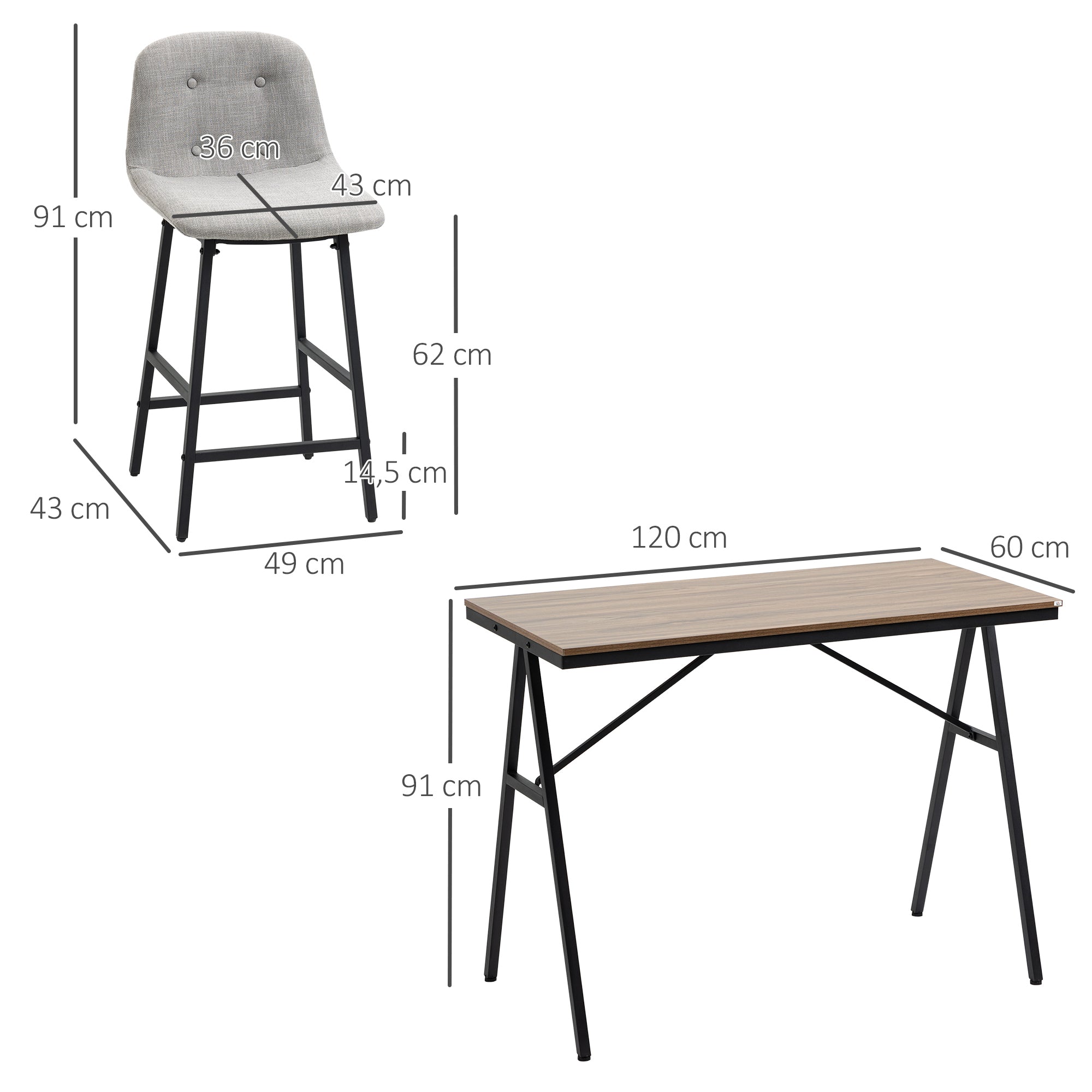 Ensemble table de bar avec tabourets, table à manger debout avec 4 chaises rembourrées, pieds en acier, style industriel, table haute bar et 4 tabourets pour salle à manger, cuisine, gris clair