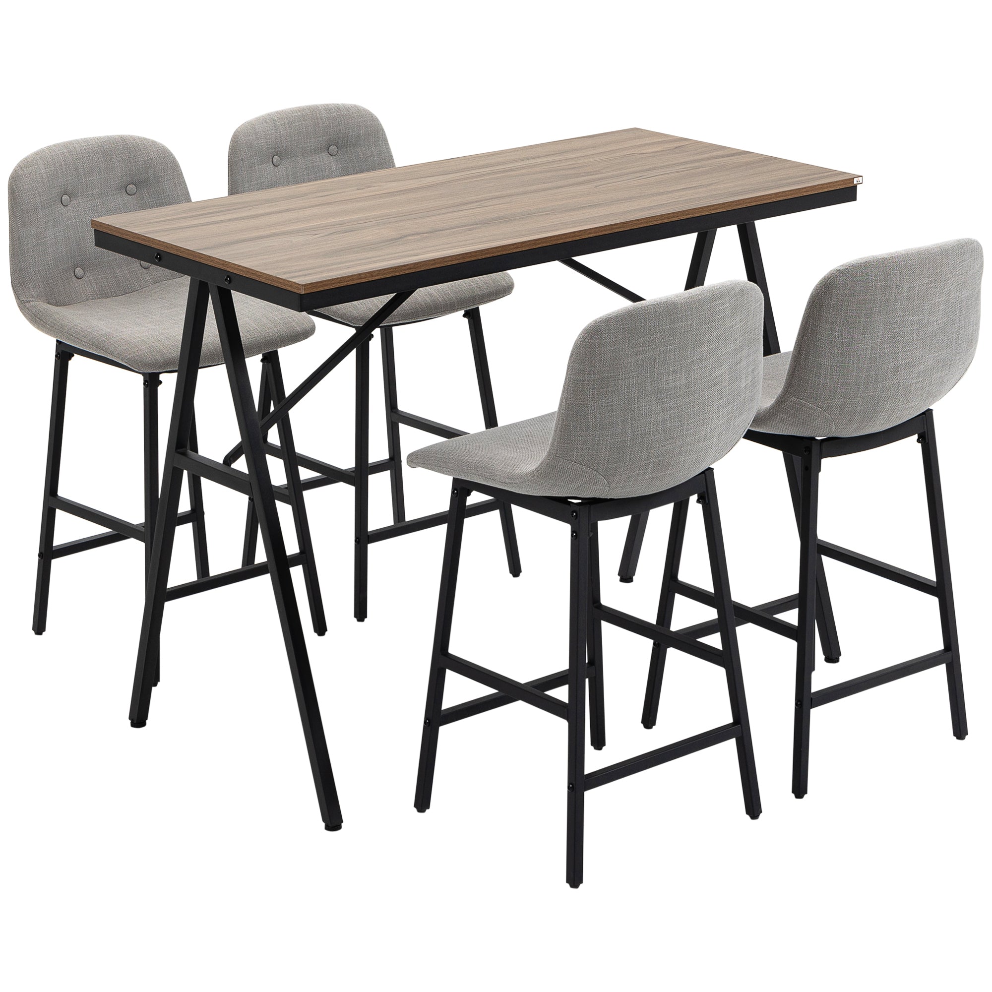 Ensemble table de bar avec tabourets, table à manger debout avec 4 chaises rembourrées, pieds en acier, style industriel, table haute bar et 4 tabourets pour salle à manger, cuisine, gris clair