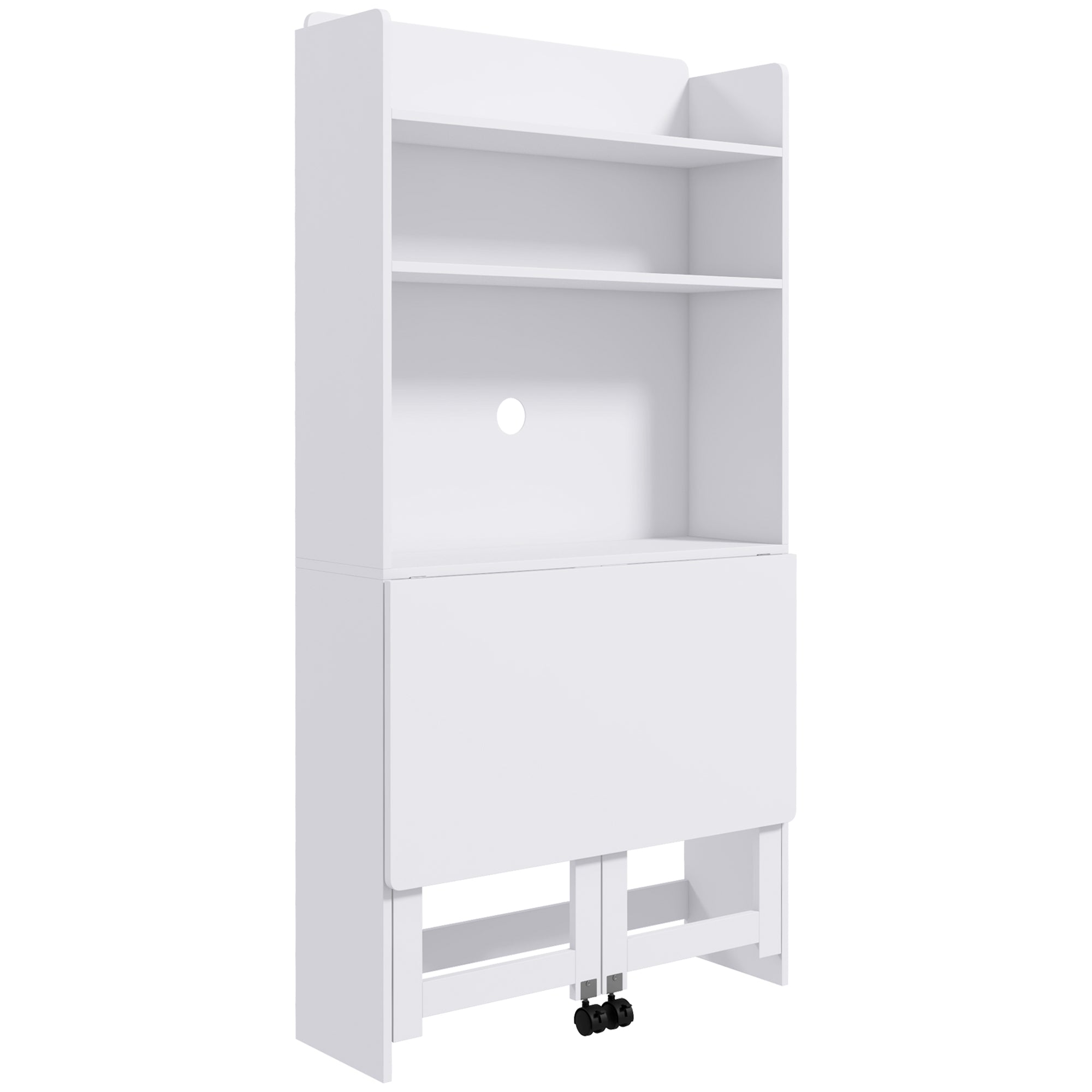 Bureau informatique avec étagères de rangement bureau d'ordinateur avec plateau rabattable et 2 roulettes pour chambre salon et maison 80 x 69 x 155 cm blanc