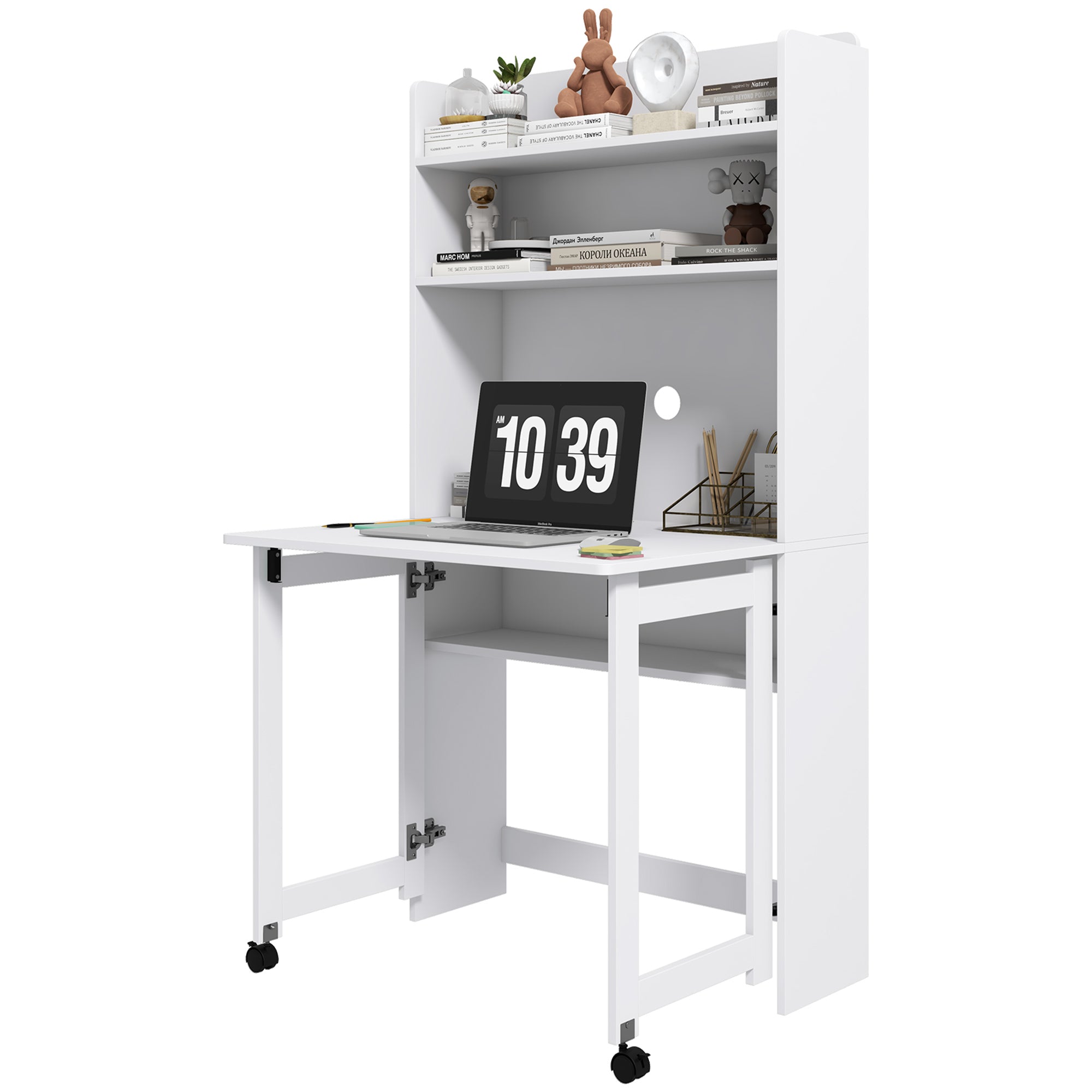 Bureau informatique avec étagères de rangement bureau d'ordinateur avec plateau rabattable et 2 roulettes pour chambre salon et maison 80 x 69 x 155 cm blanc