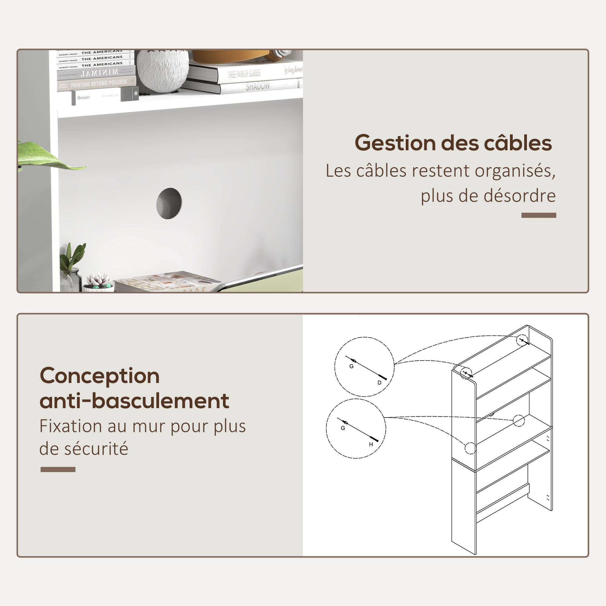 Bureau informatique avec étagères de rangement bureau d'ordinateur avec plateau rabattable et 2 roulettes pour chambre salon et maison 80 x 69 x 155 cm blanc