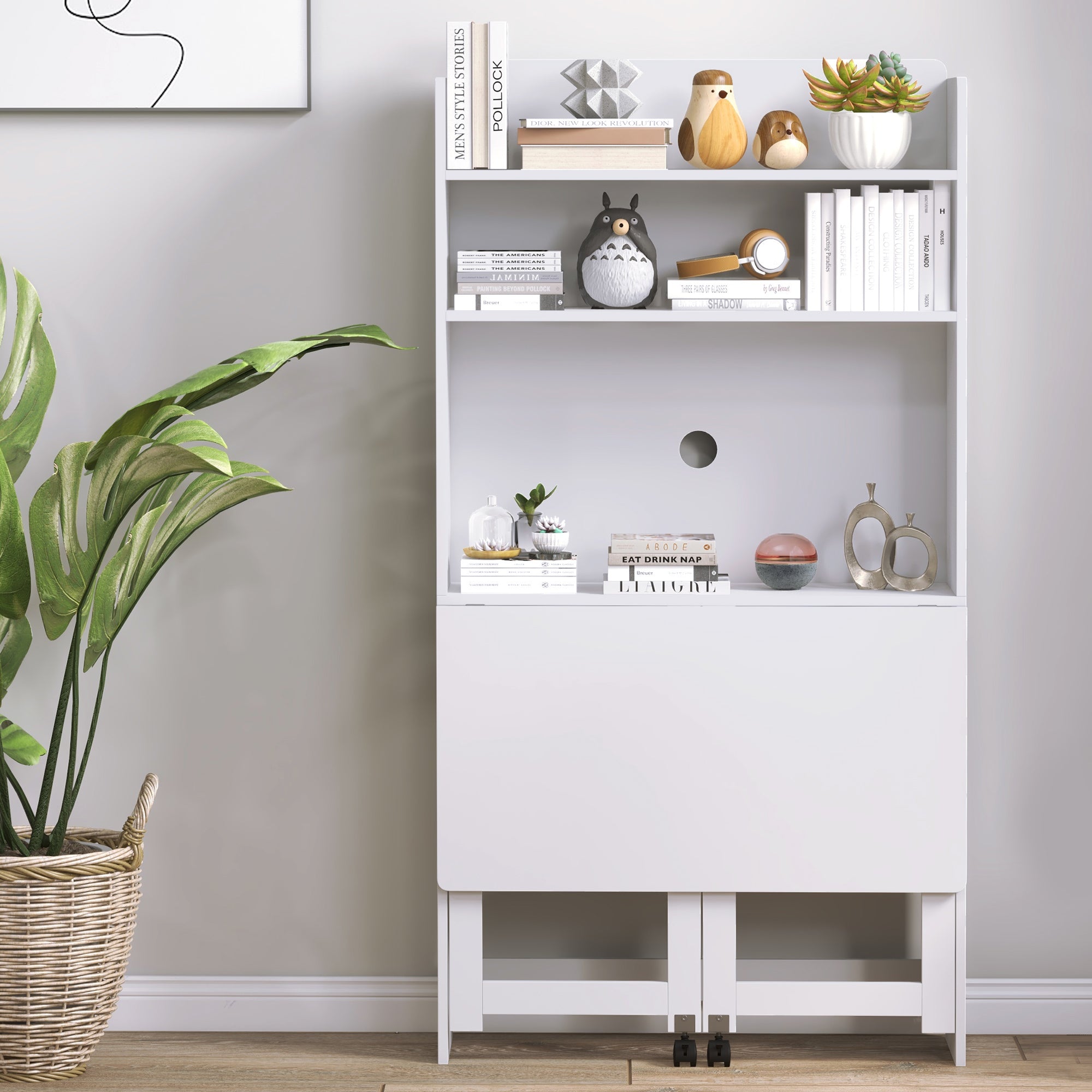 Bureau informatique avec étagères de rangement bureau d'ordinateur avec plateau rabattable et 2 roulettes pour chambre salon et maison 80 x 69 x 155 cm blanc