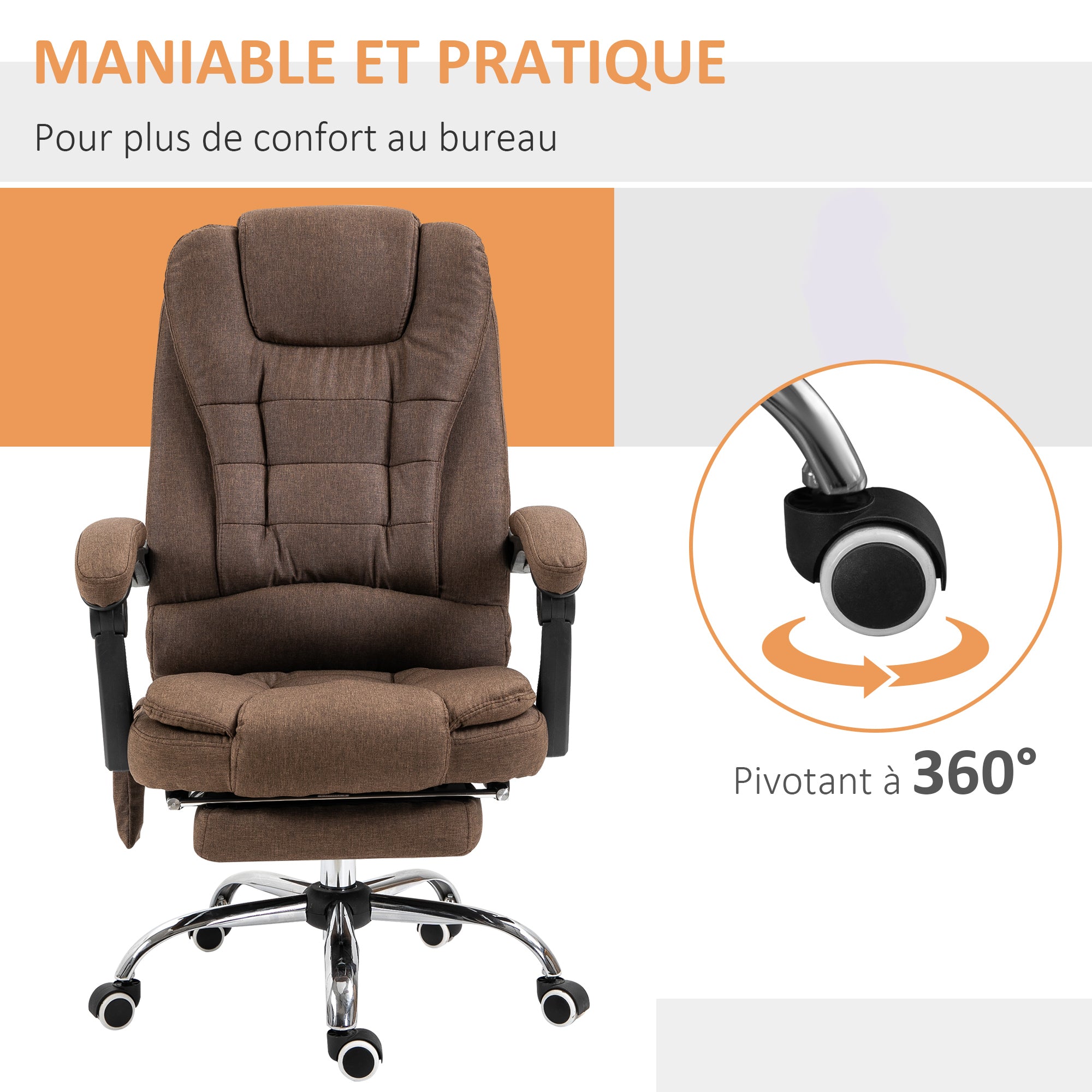 Fauteuil de bureau massant chauffant fauteuil bureau ergonomique hauteur réglable dossier inclinable repose-pied + coussin lombaires intégrés marron